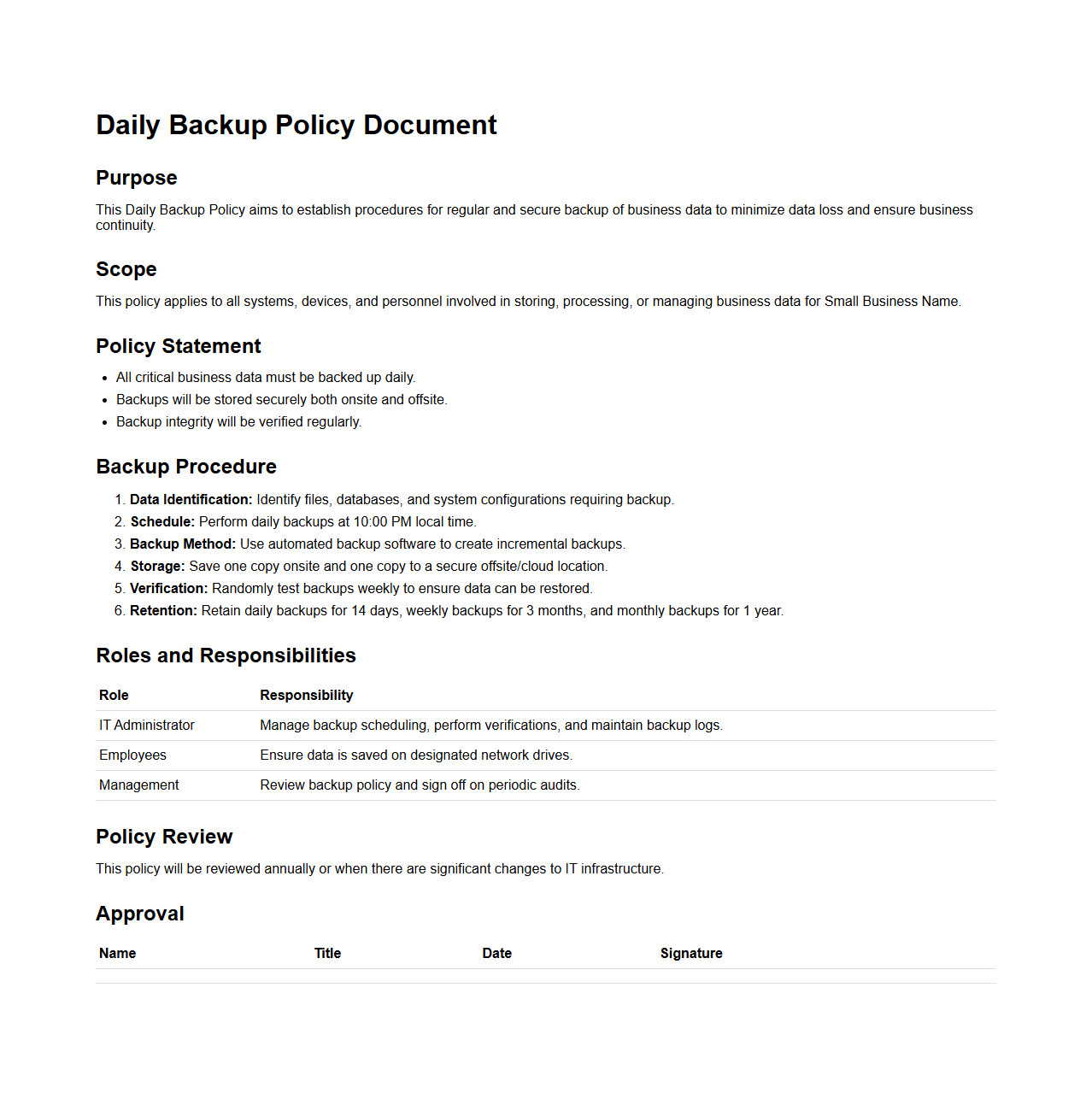 Daily Backup Policy Document for Small Businesses