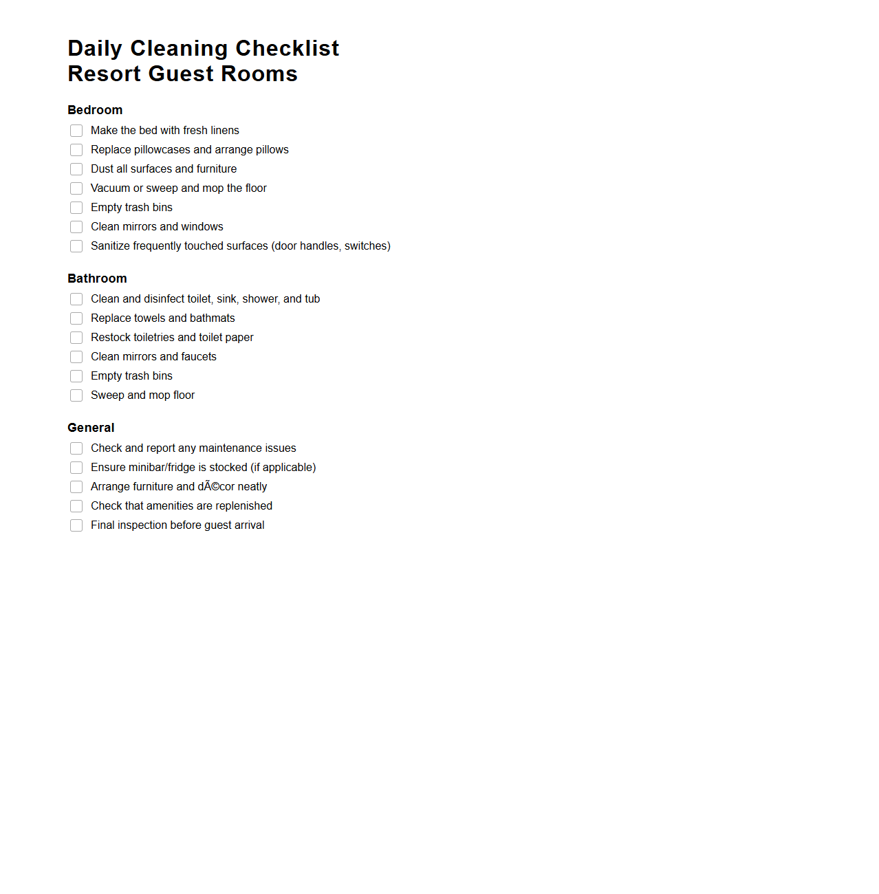 Daily Cleaning Checklist for Resort Guest Rooms