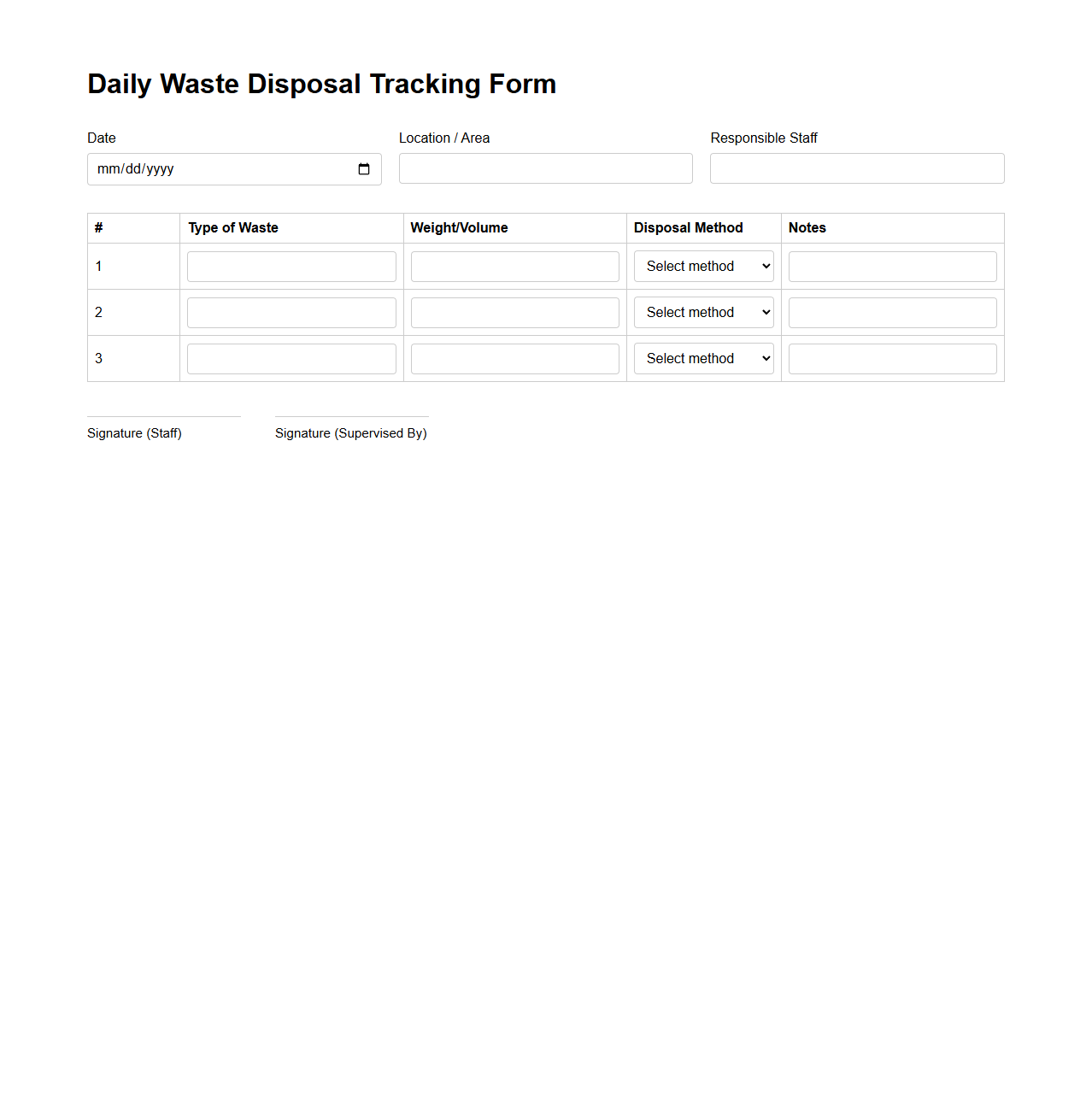Daily Waste Disposal Tracking Form