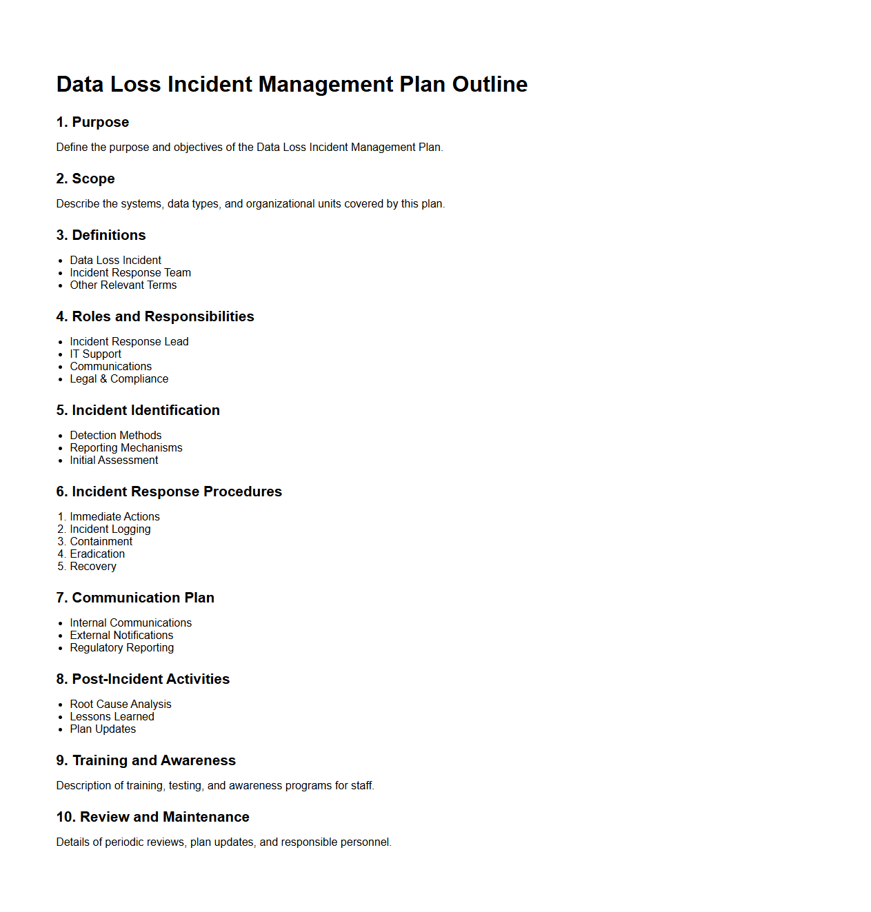 Data Loss Incident Management Plan Outline