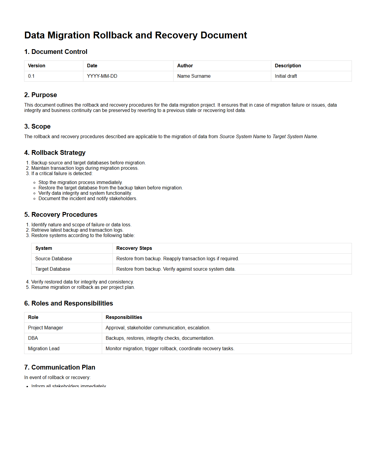 Data Migration Rollback and Recovery Document Sample