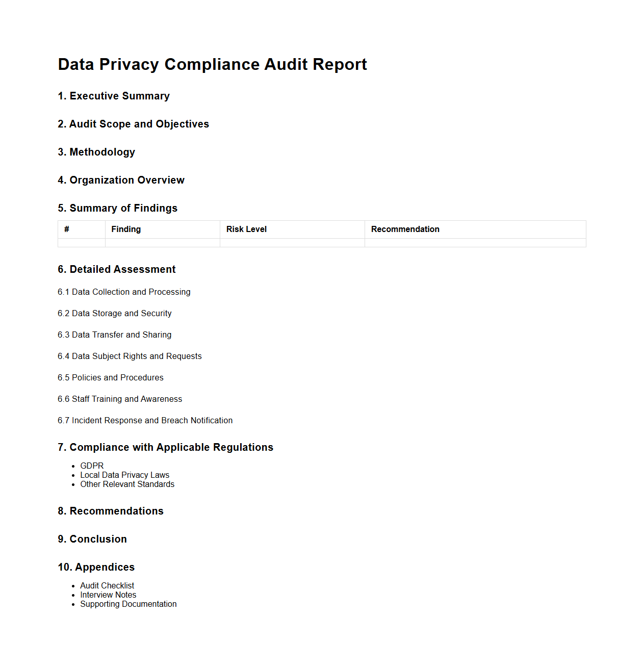 Data Privacy Compliance Audit Report Structure