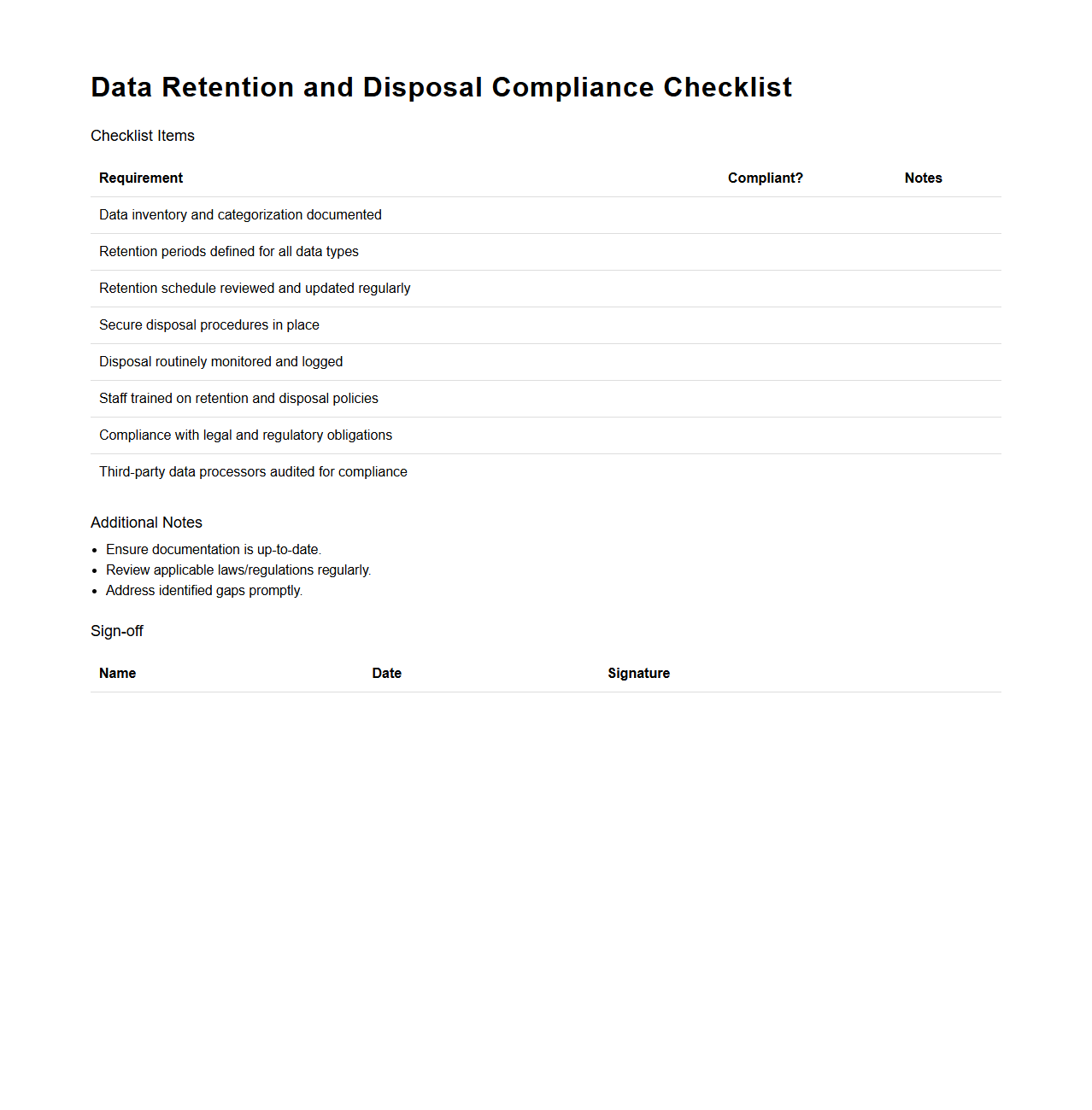 Data Retention and Disposal Compliance Checklist