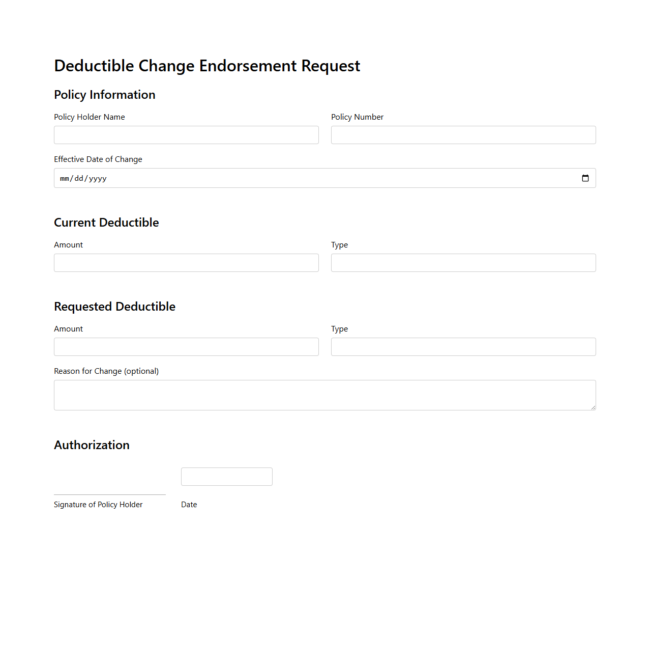 Deductible Change Endorsement Request Document
