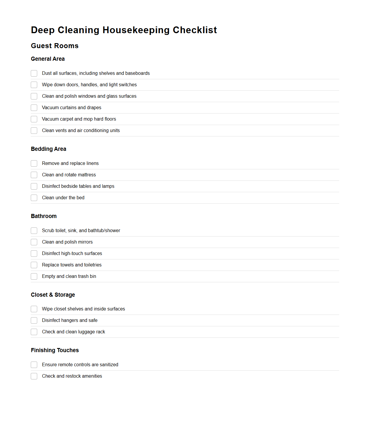 Deep Cleaning Housekeeping Checklist for Guest Rooms