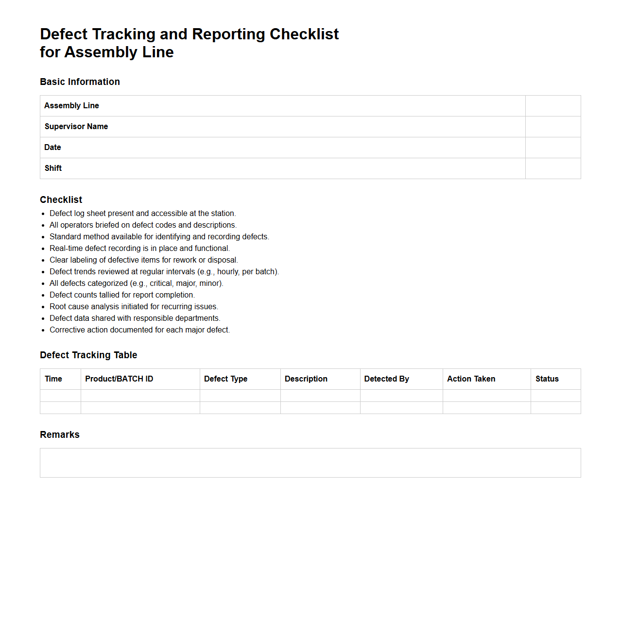 Defect Tracking and Reporting Checklist for Assembly Line