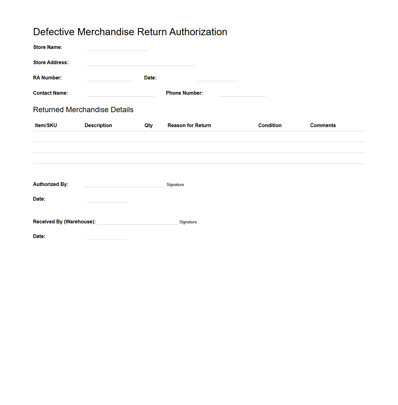 Defective Merchandise Return Authorization Template for Retail Store