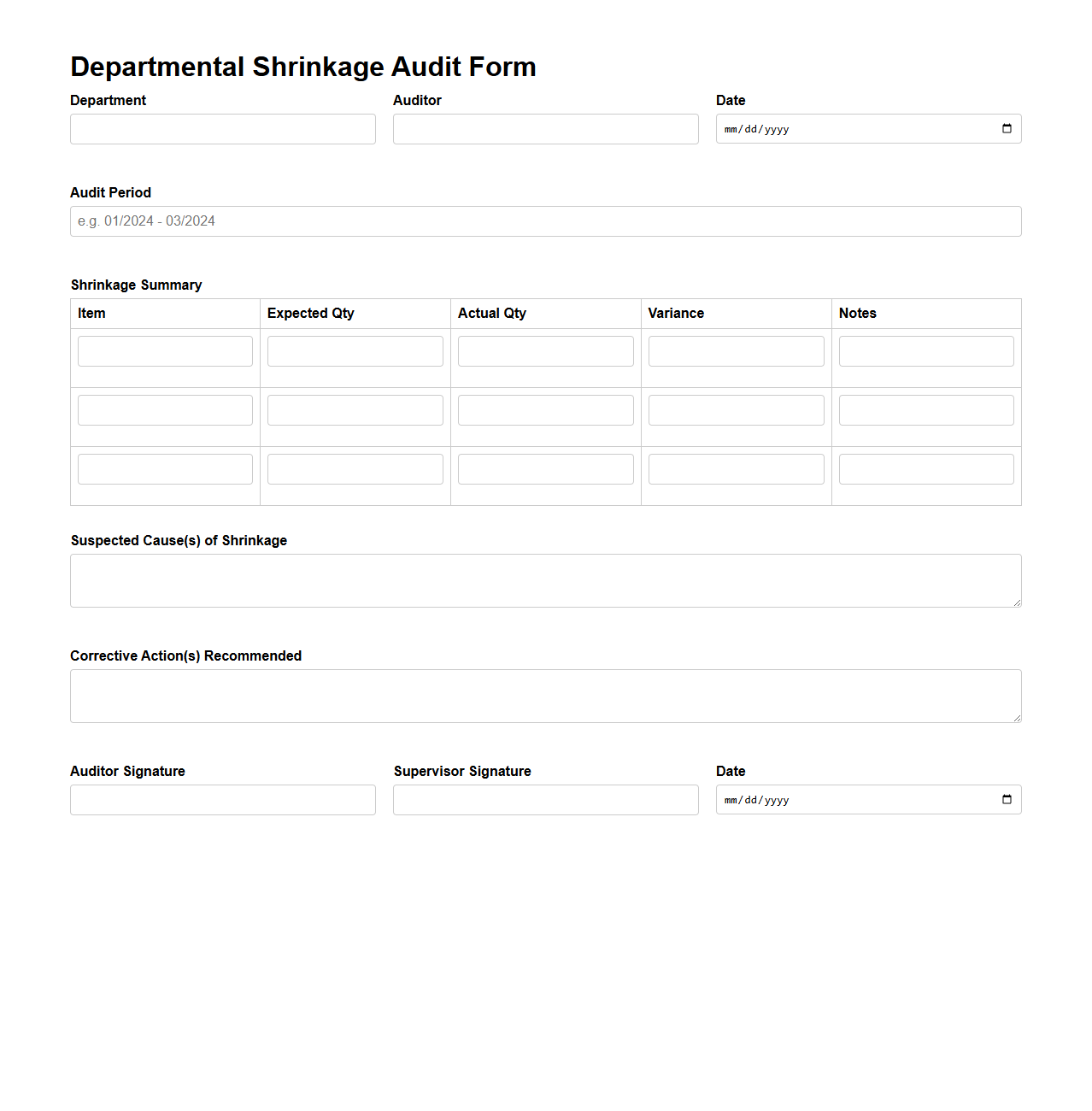 Departmental Shrinkage Audit Form