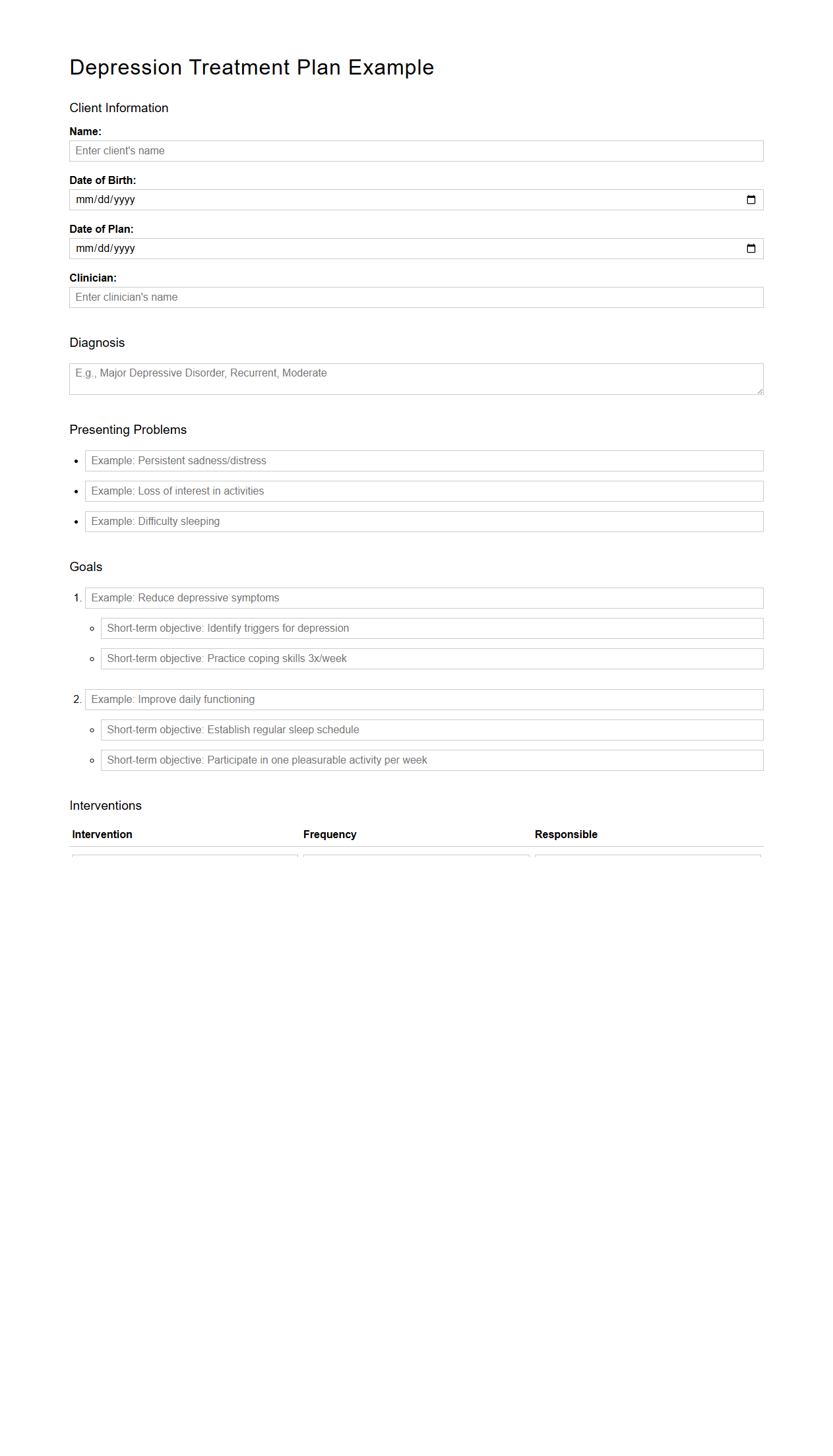 Depression Treatment Plan Example for Adults
