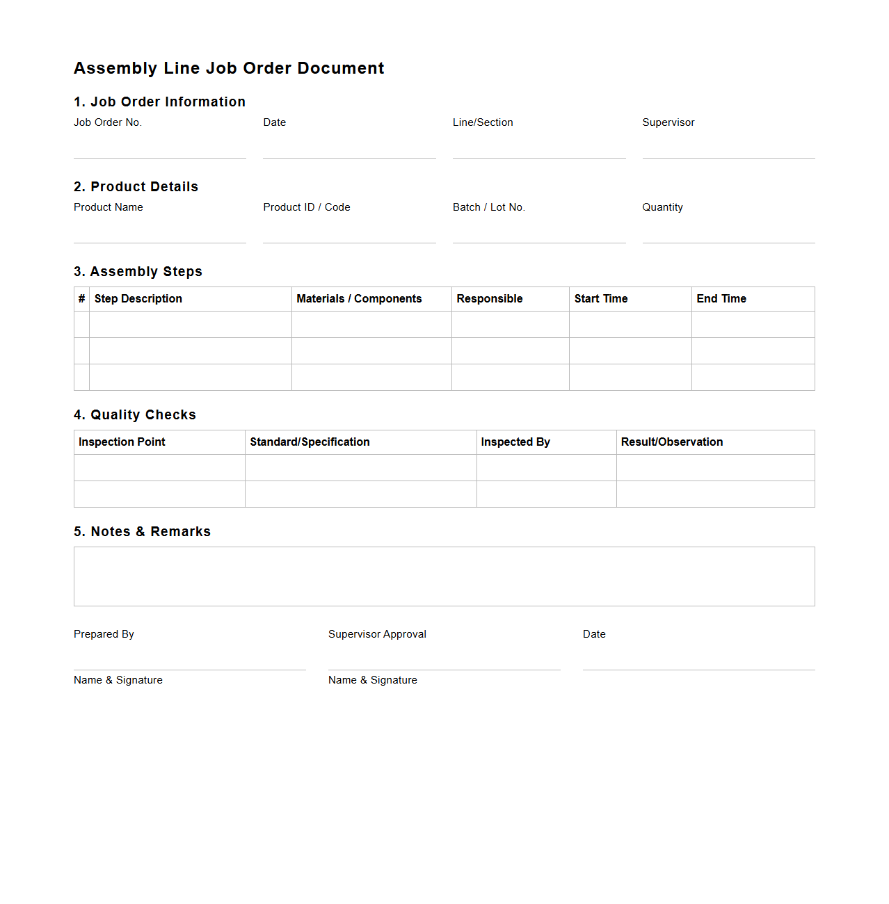Detailed Assembly Line Job Order Document