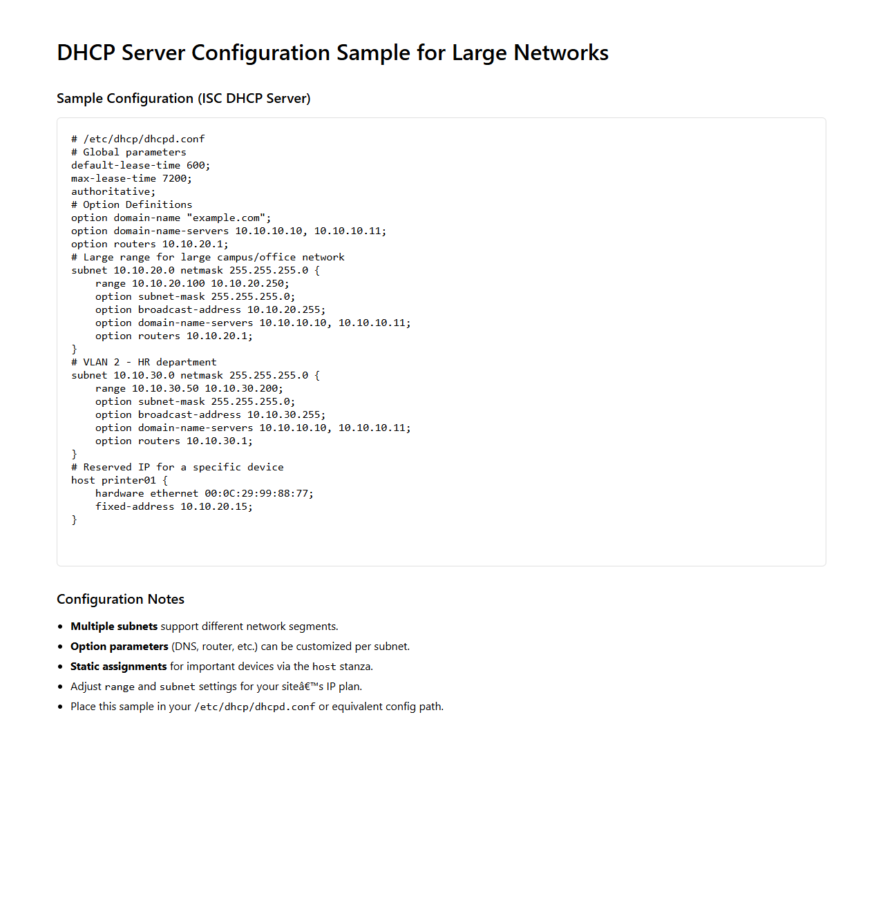 DHCP Server Configuration Sample for Large Networks