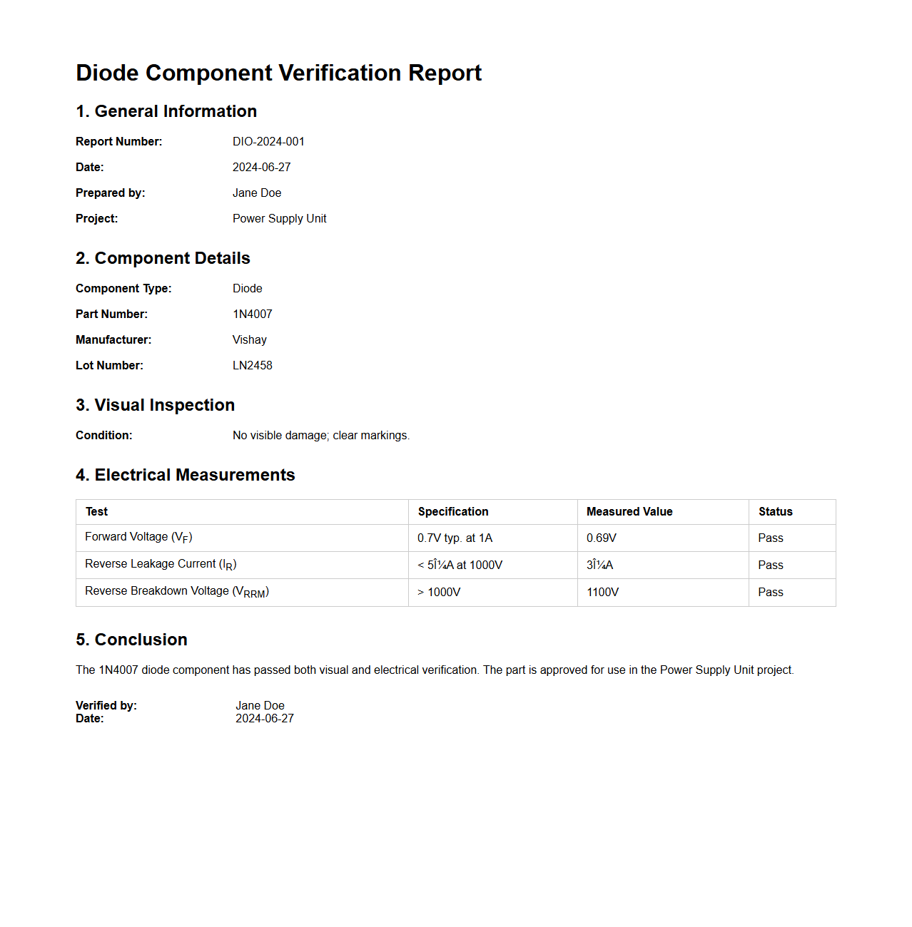 Diode Component Verification Report Example