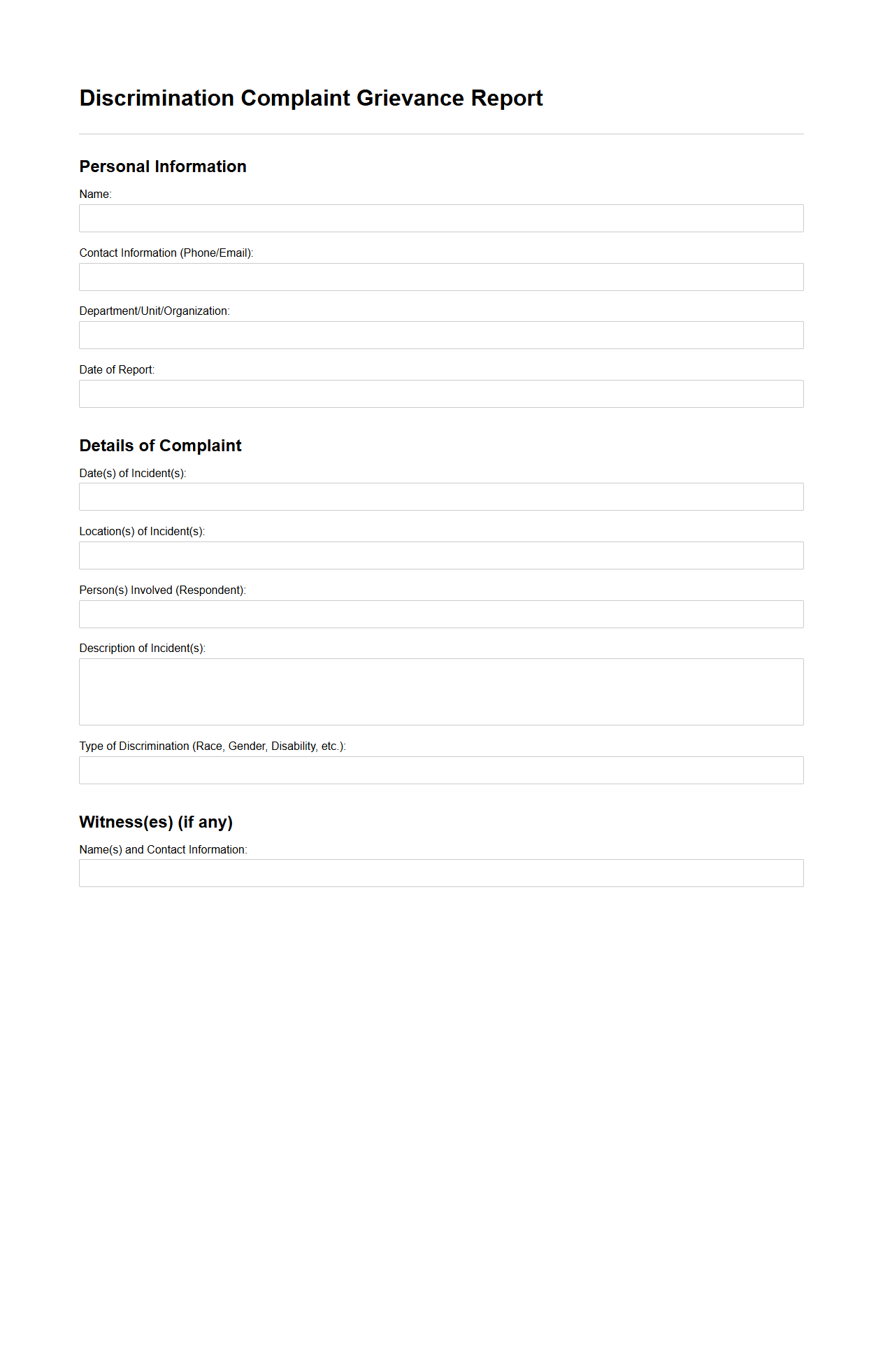 Discrimination Complaint Grievance Report Document Sample