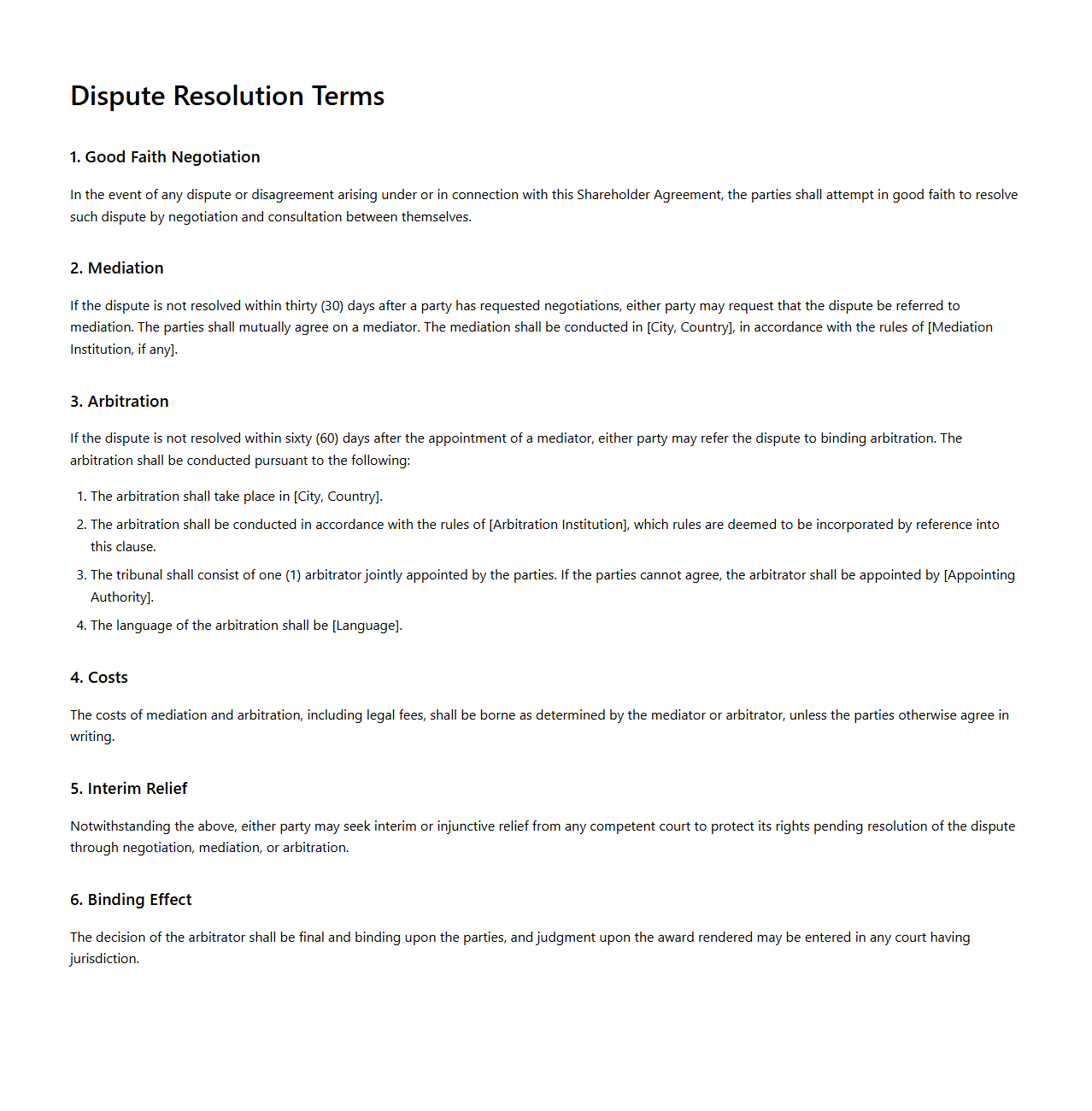 Dispute Resolution Terms in Shareholder Agreements