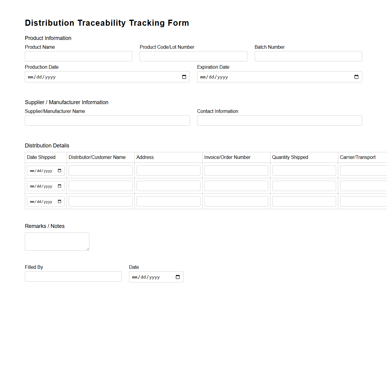 Distribution Traceability Tracking Form for Food Industry