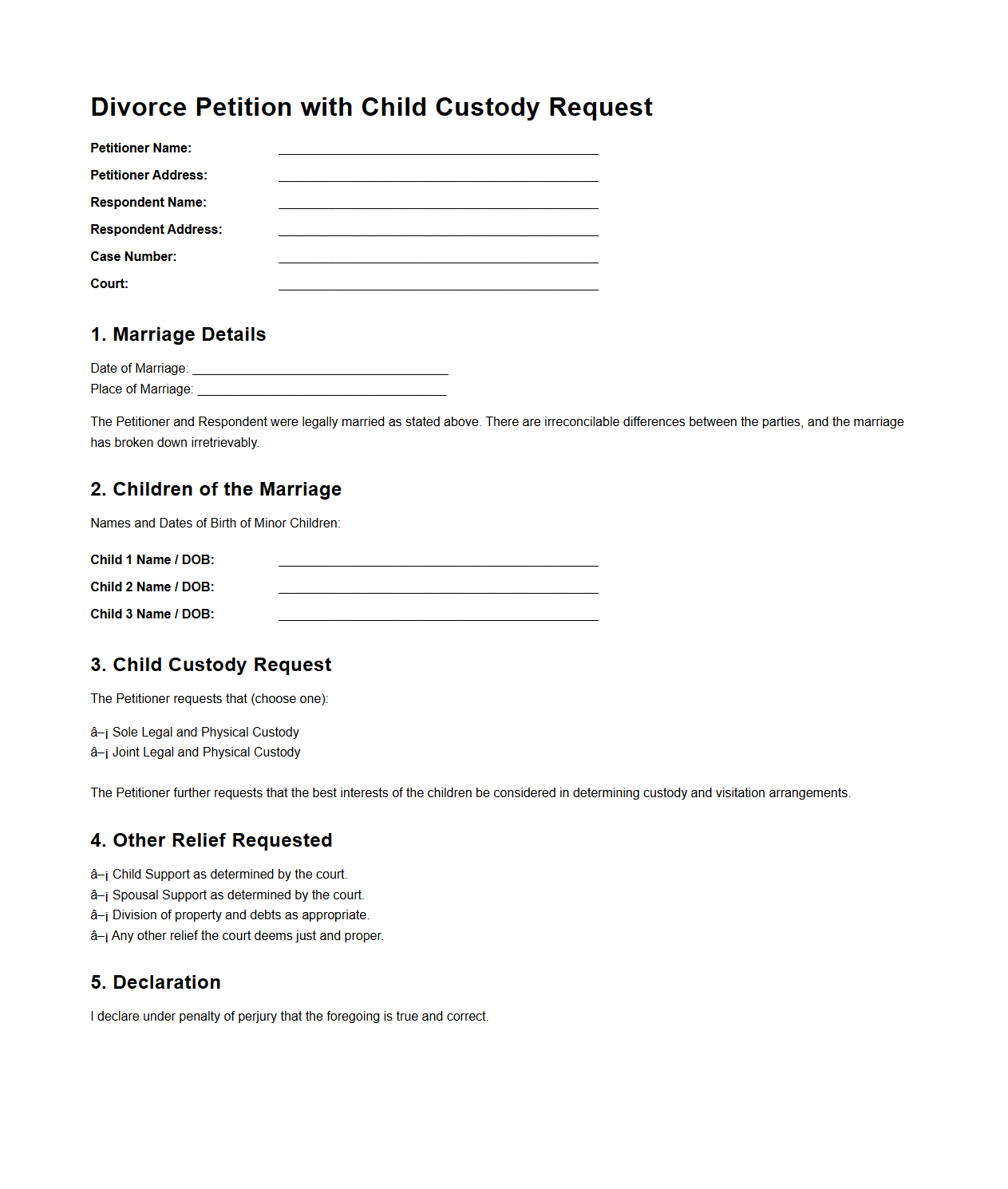 Divorce Petition with Child Custody Request