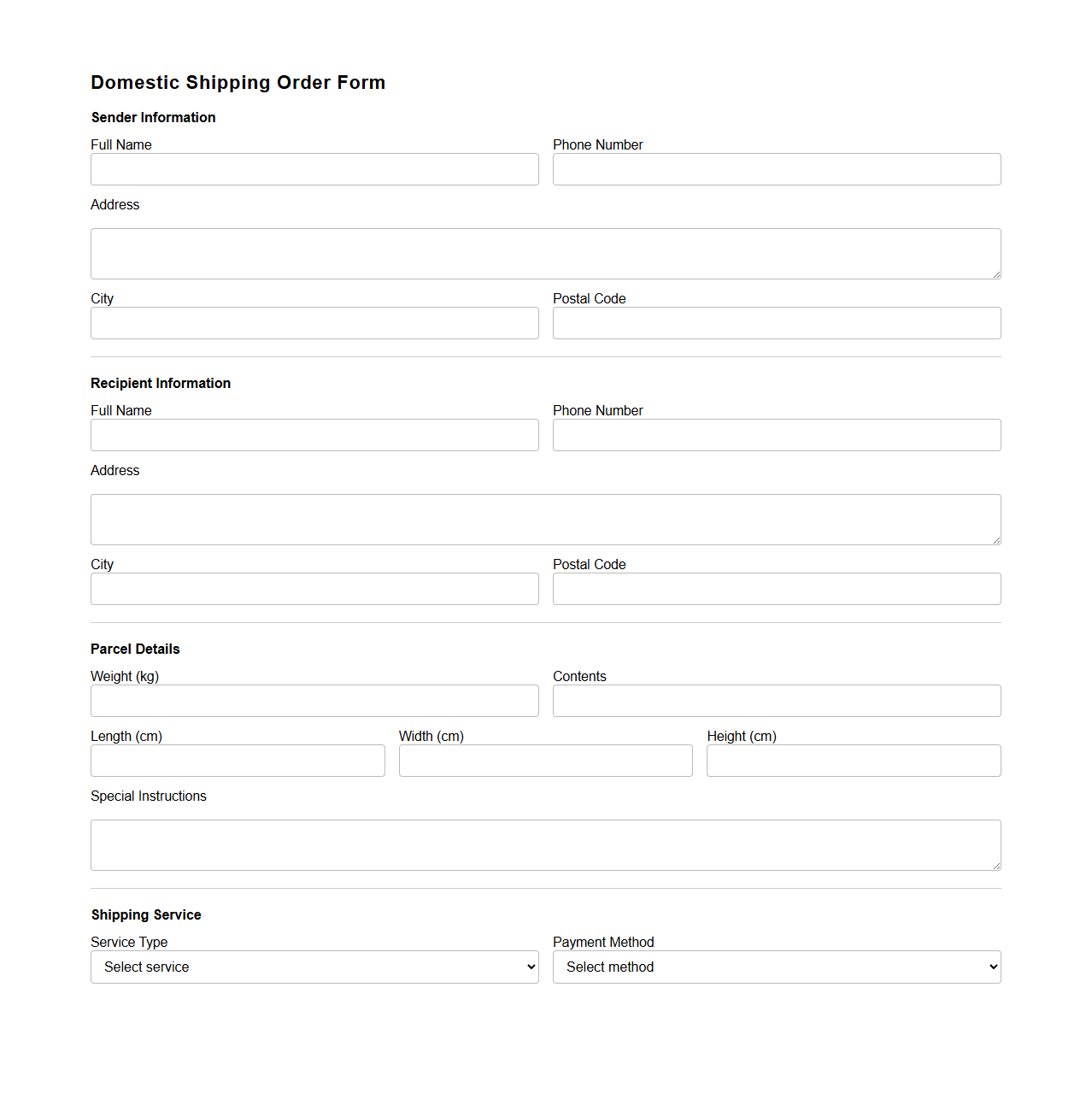 Domestic Shipping Order Form Sample for Parcel Delivery