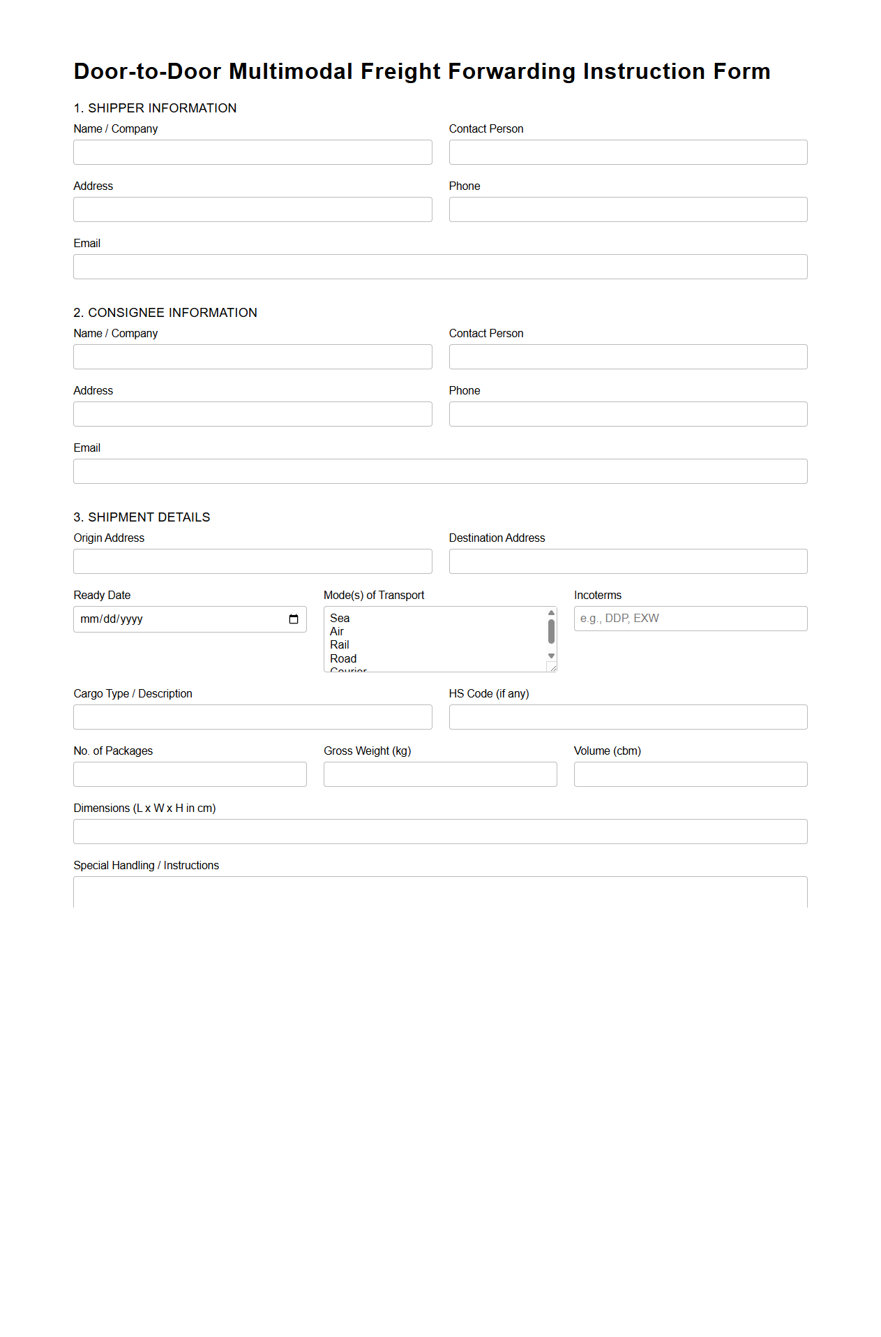 Door-to-Door Multimodal Freight Forwarding Instruction Form