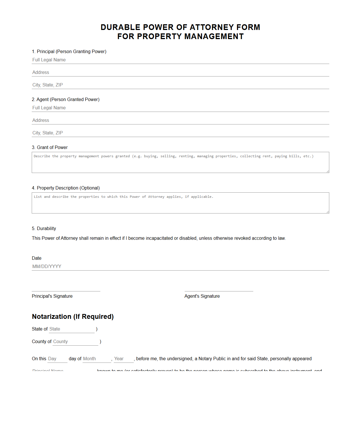 Durable Power of Attorney Form for Property Management