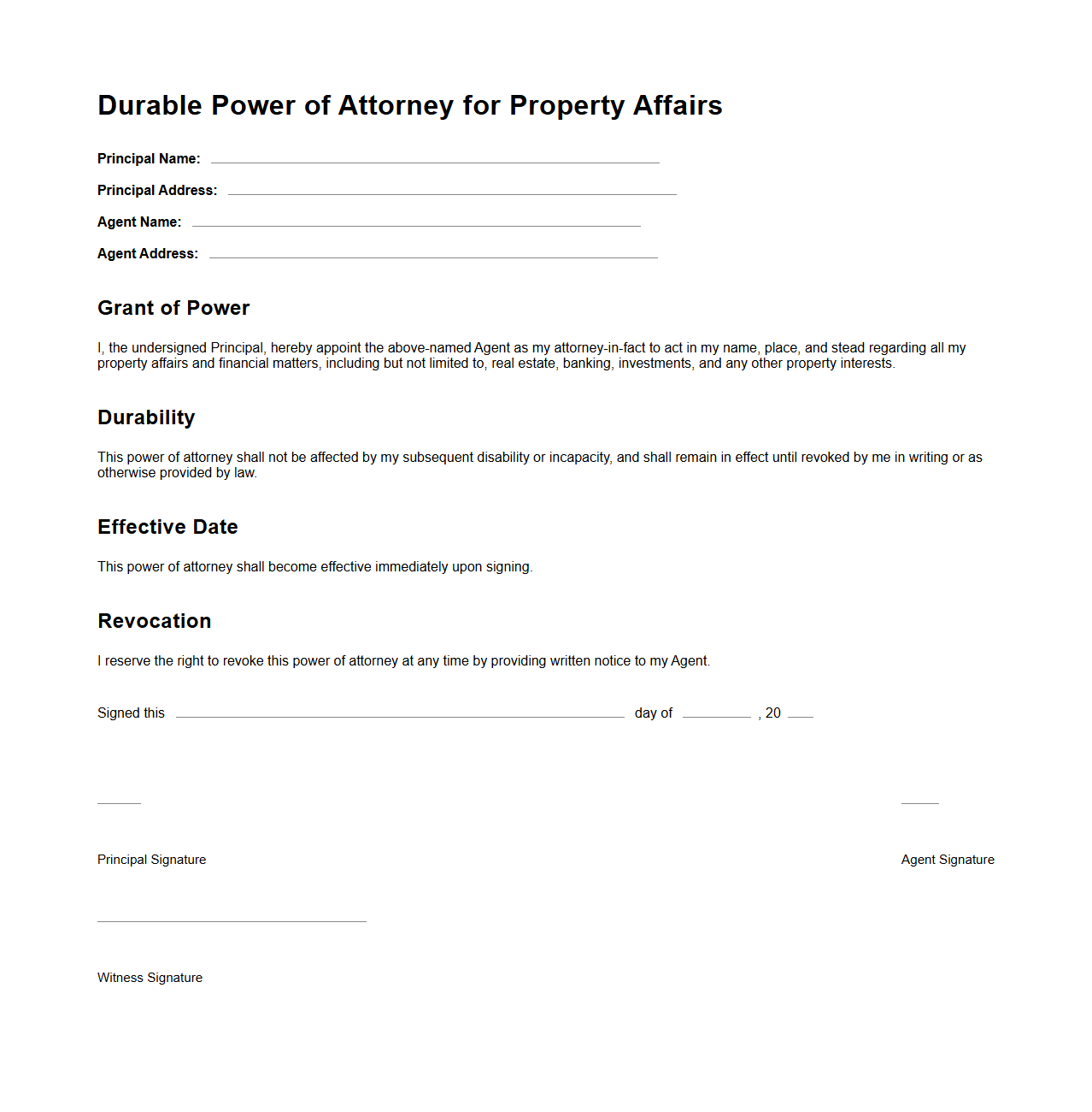 Durable Power of Attorney for Property Affairs