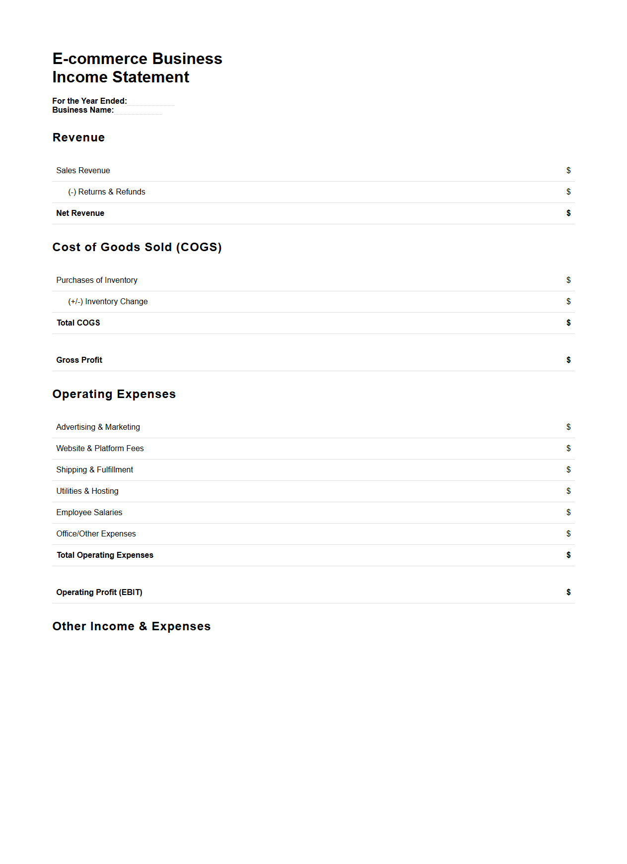 E-commerce Business Income Statement Template Sample