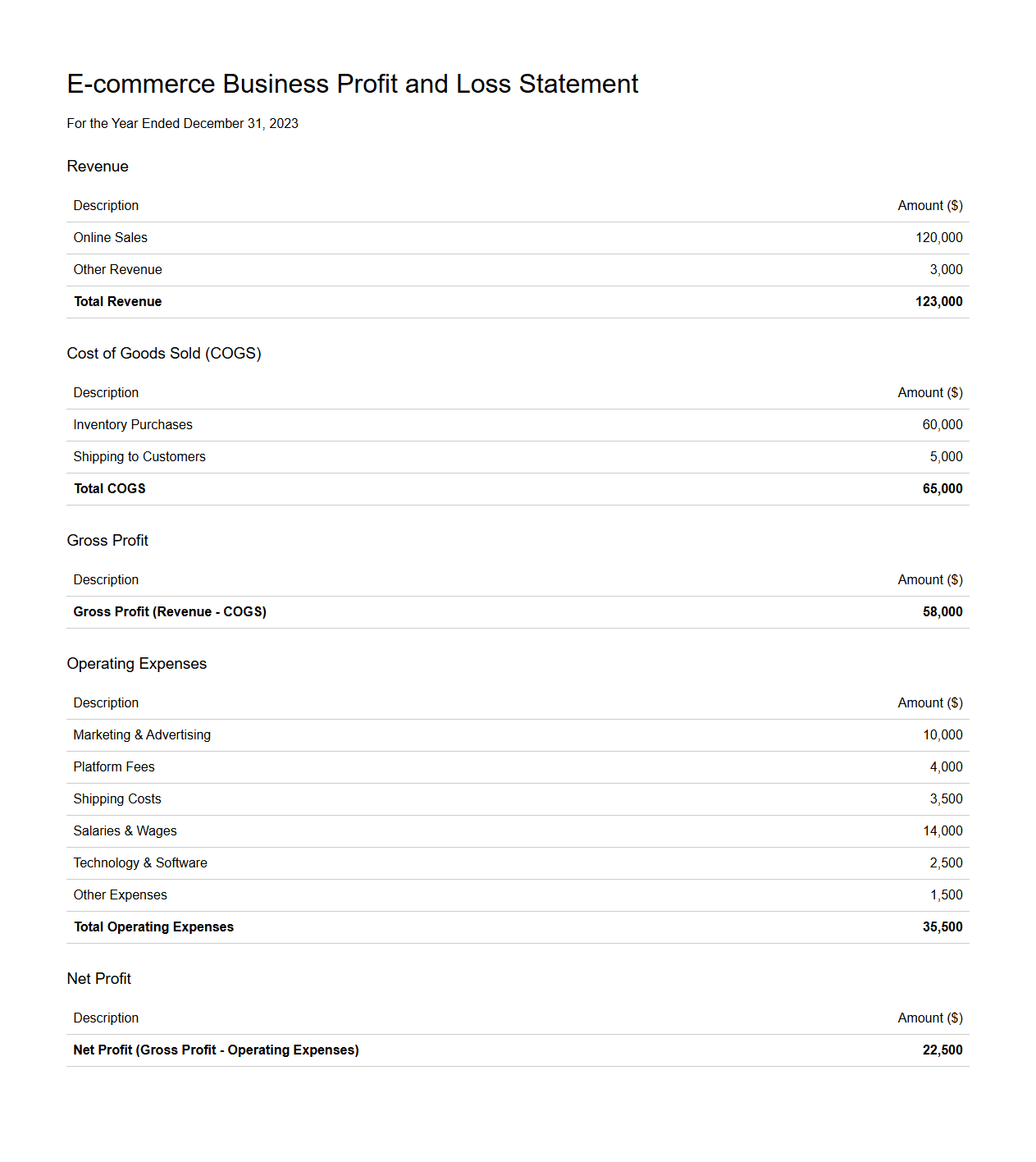 E-commerce Business Profit and Loss Statement Sample