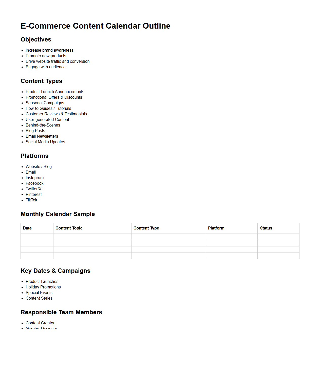 E-Commerce Content Calendar Outline