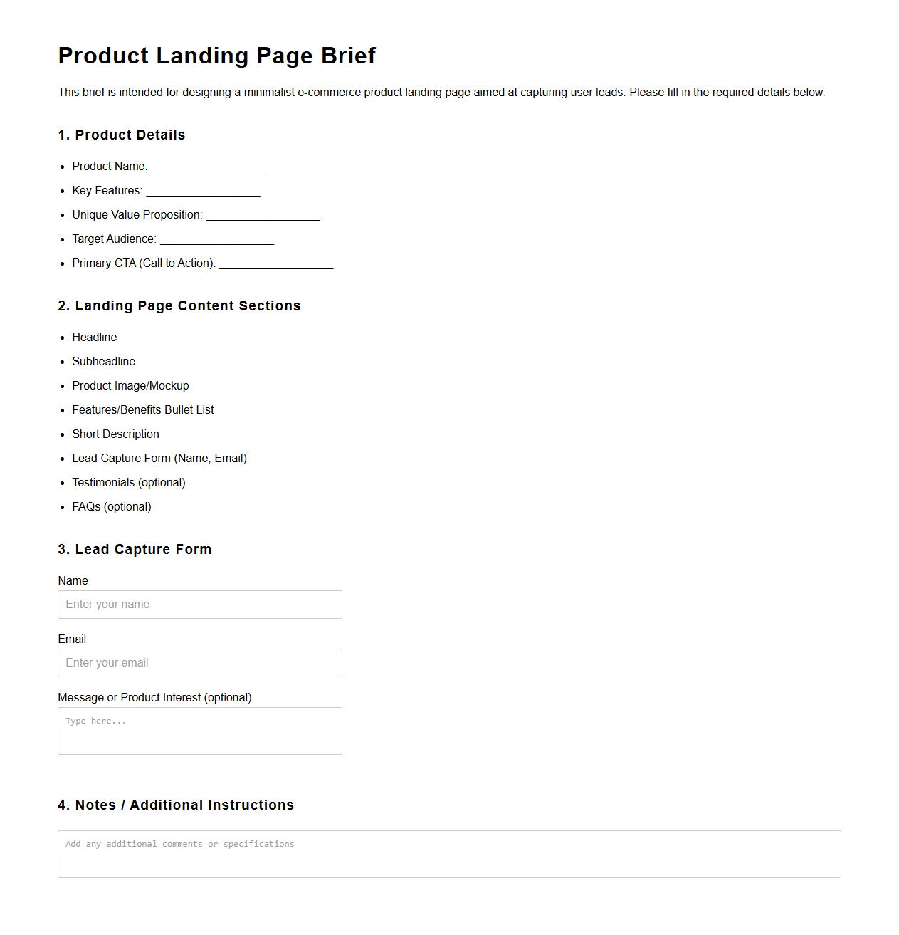 E-commerce Product Landing Page Brief for Capturing Leads