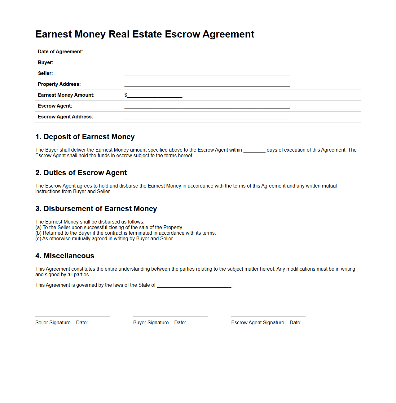 Earnest Money Real Estate Escrow Agreement Example