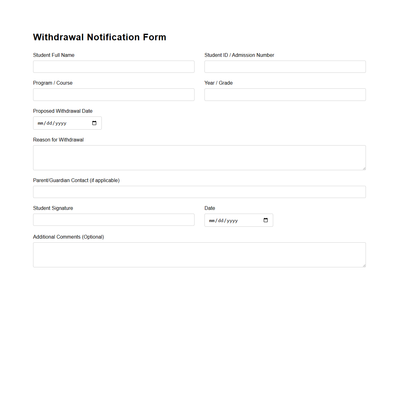 Educational Institution Withdrawal Notification Form