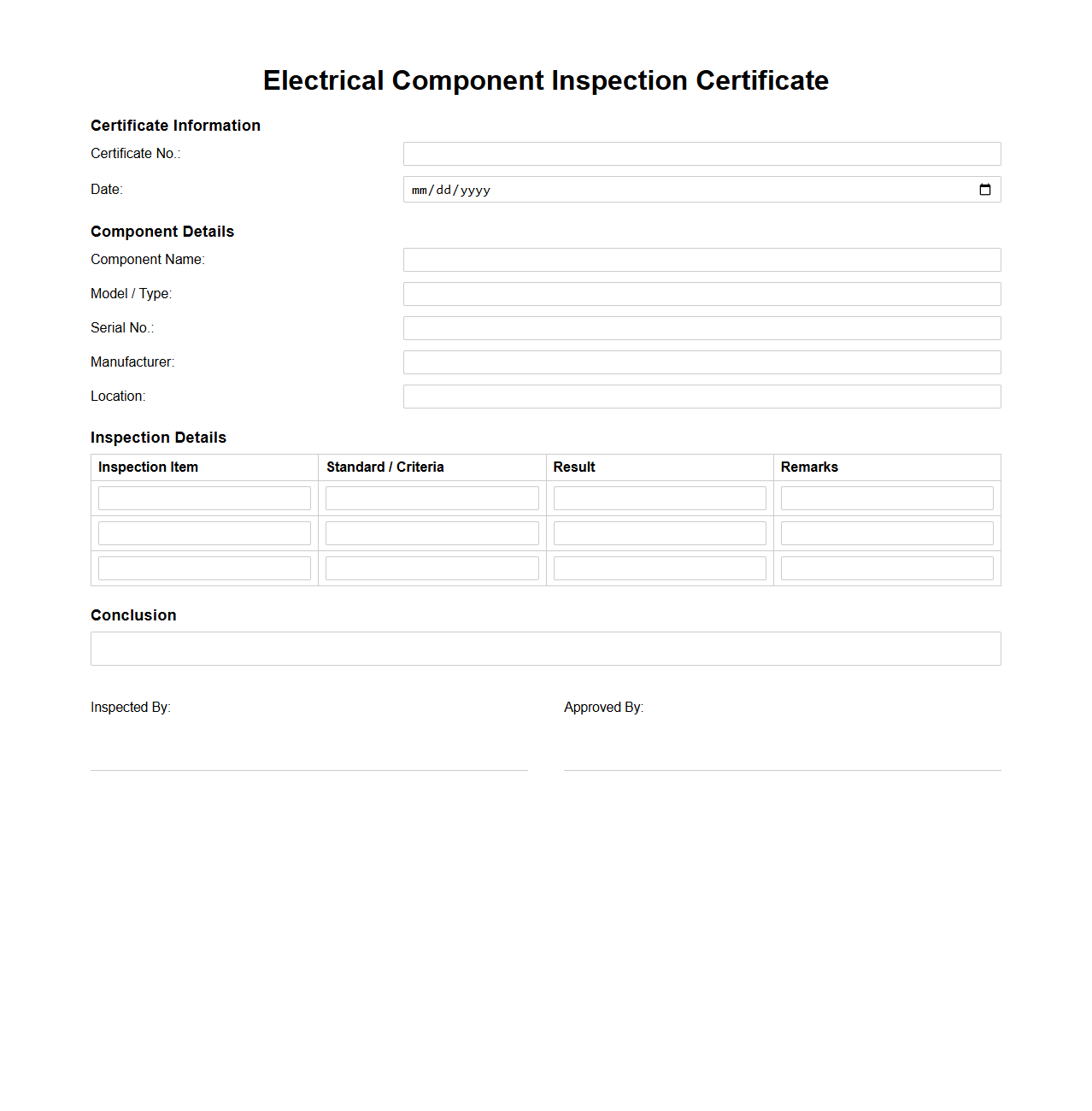 Electrical Component Inspection Certificate Model