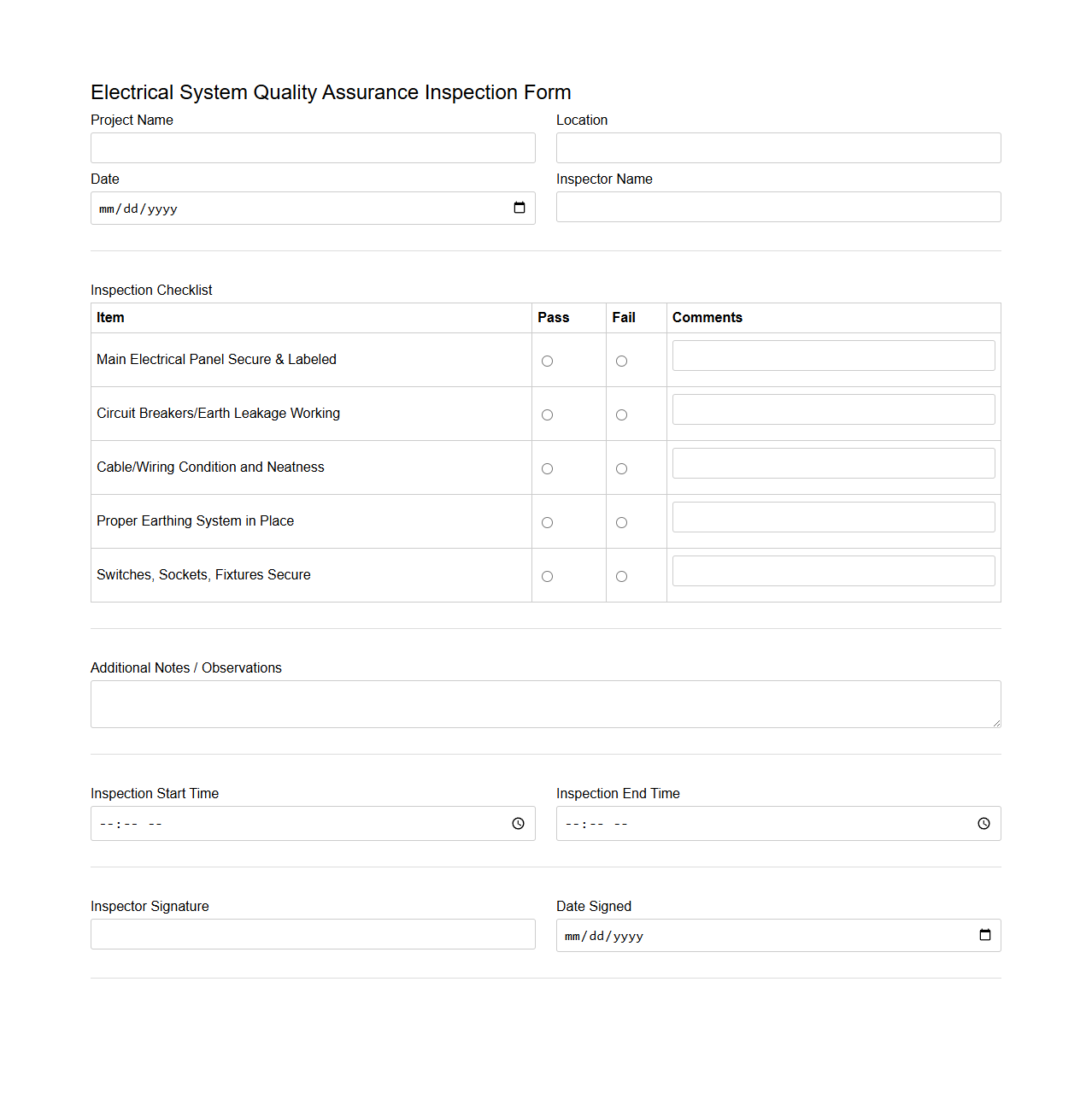 Electrical System Quality Assurance Inspection Form