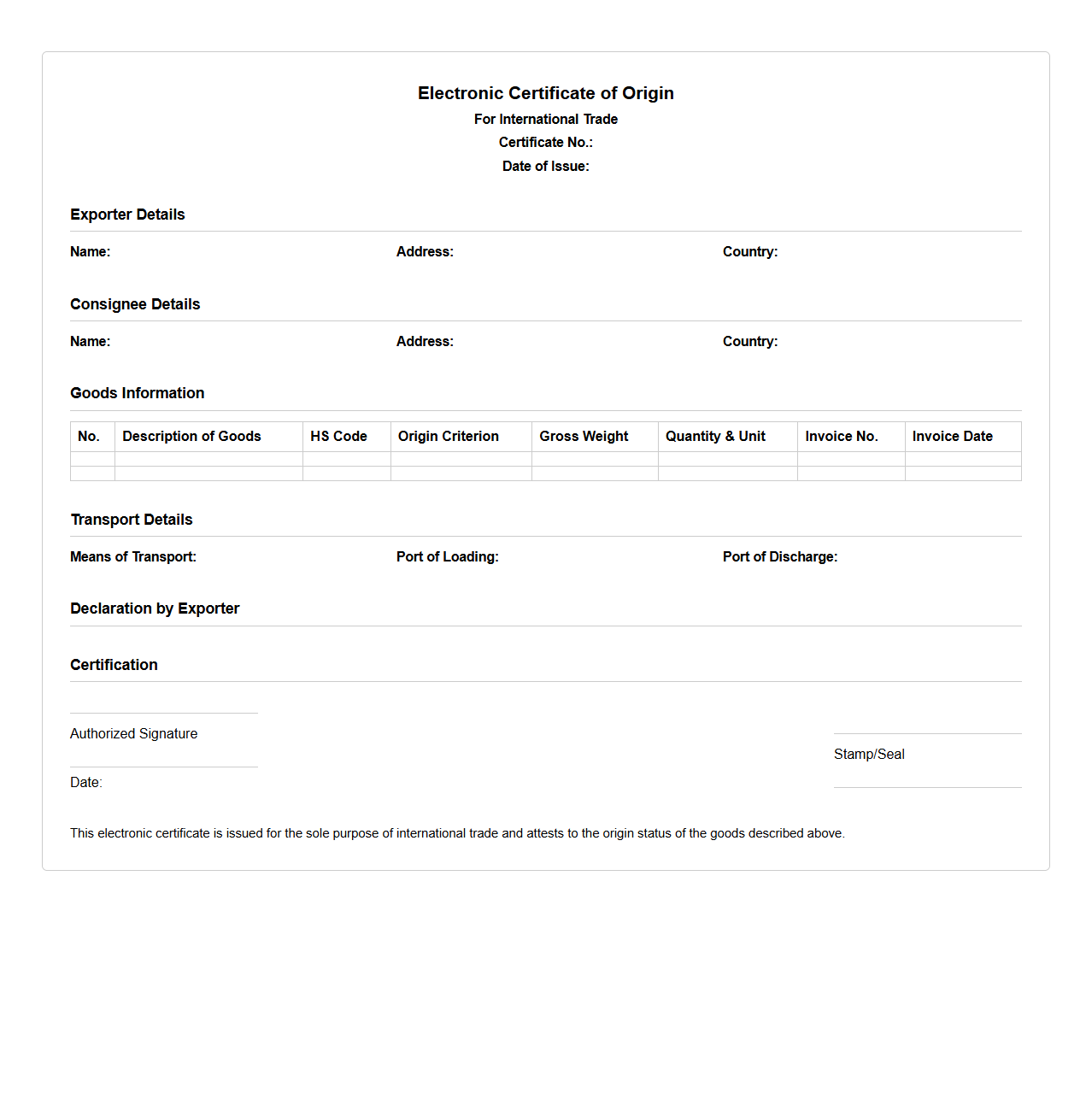 Electronic Certificate of Origin Template for International Trade