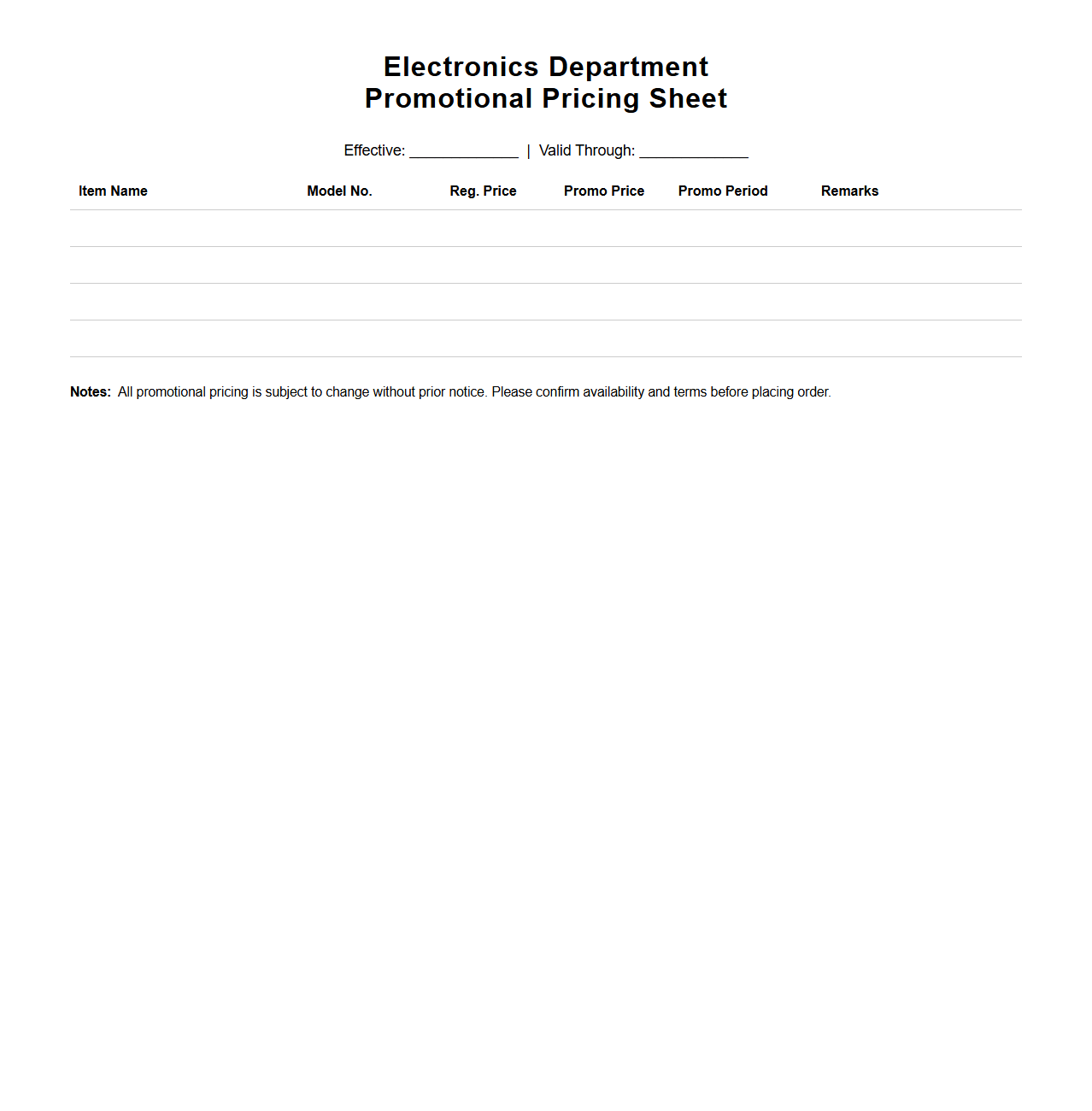 Electronics Department Promotional Pricing Sheet