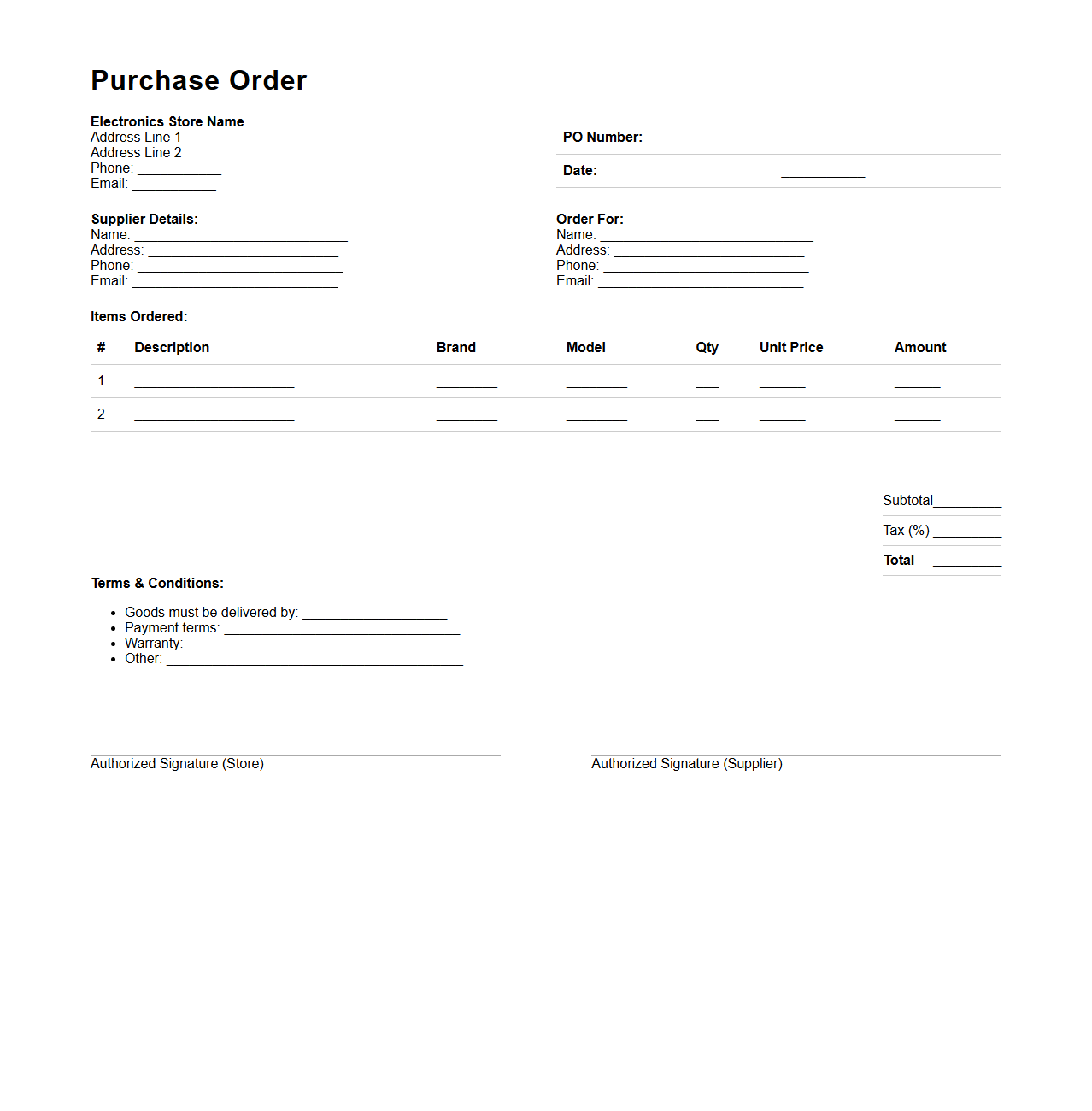 Electronics Store Purchase Order Format