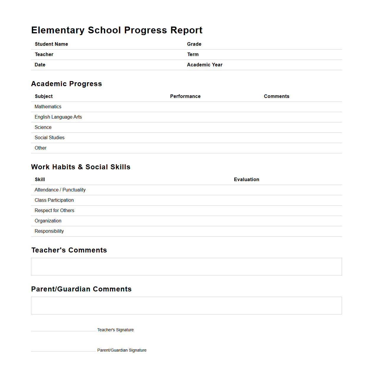 Elementary School Progress Report Format for Parent Review