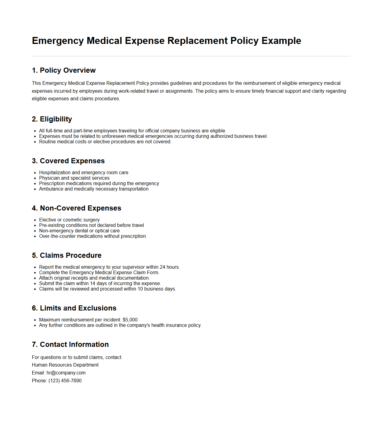Emergency Medical Expense Replacement Policy Example