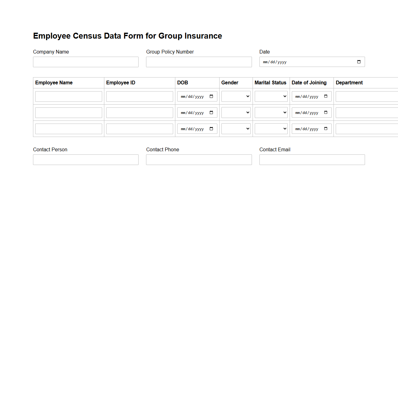 Employee Census Data Form for Group Insurance