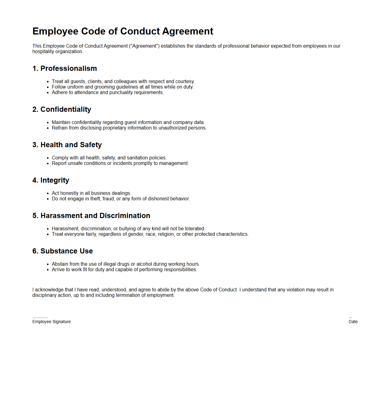 Employee Code of Conduct Agreement for Hospitality