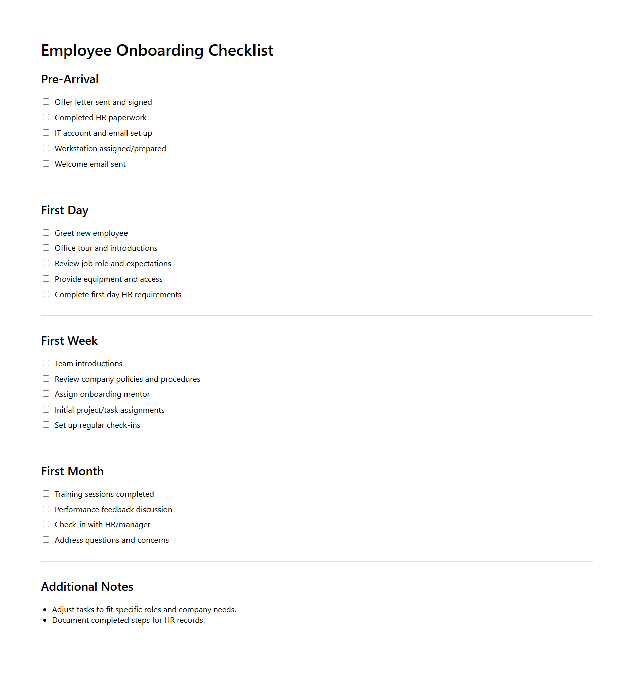 Employee Onboarding Checklist Sample