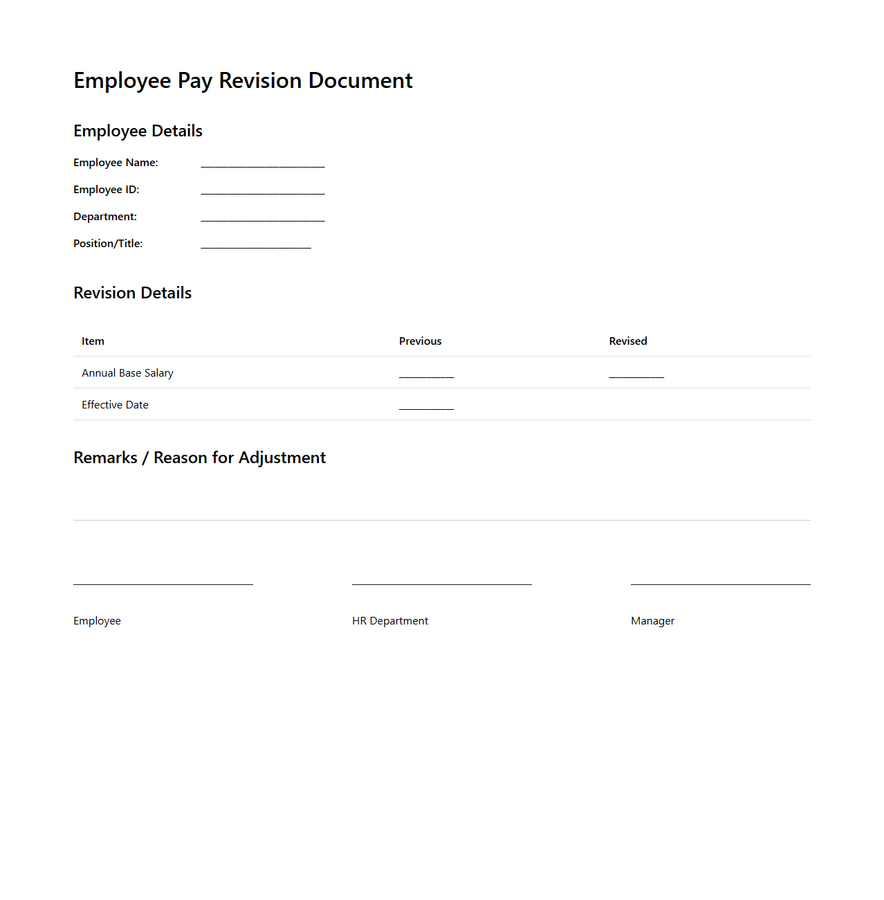 Employee Pay Revision Document for Annual Salary Adjustment