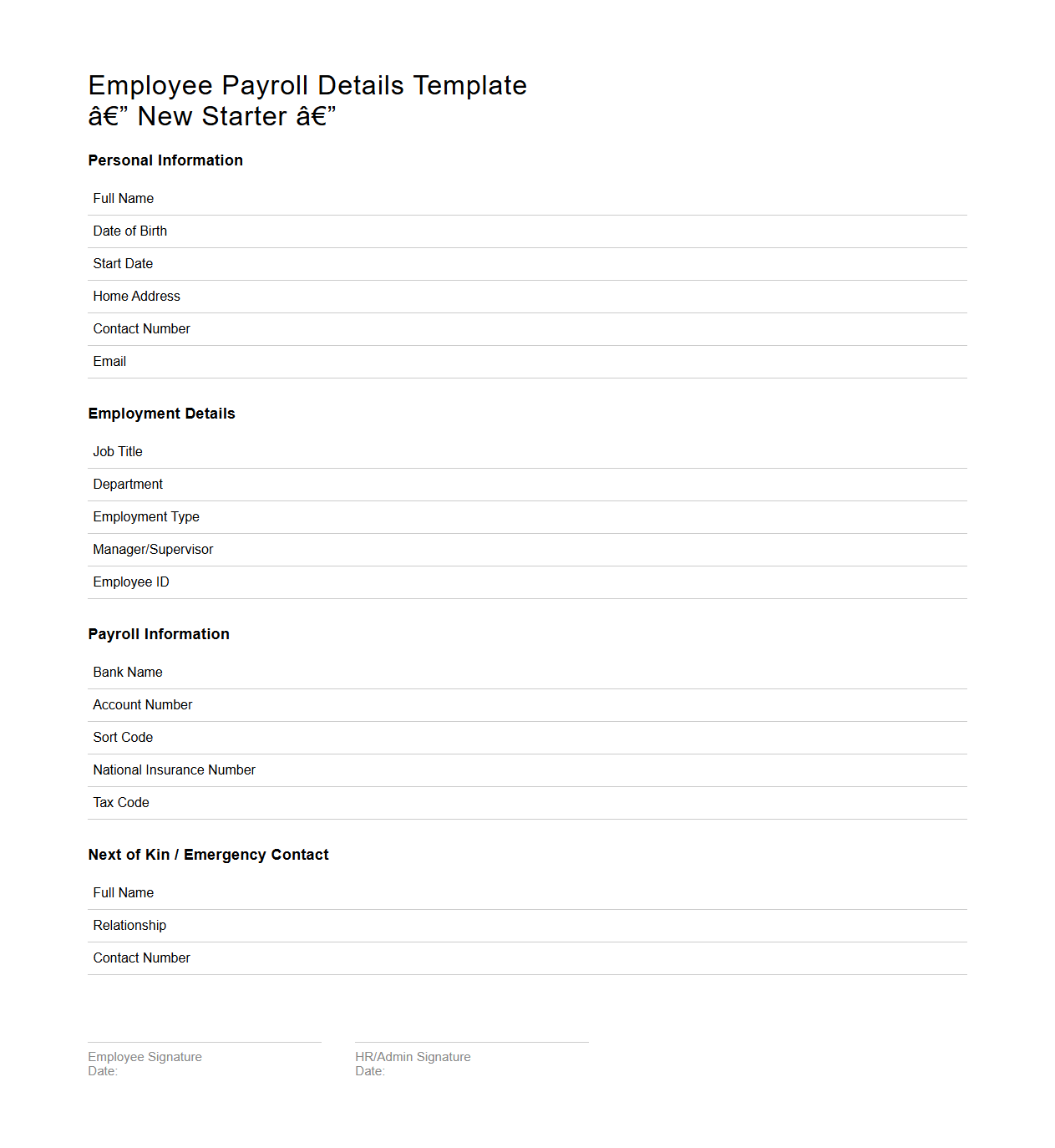 Employee Payroll Details Template for New Starters