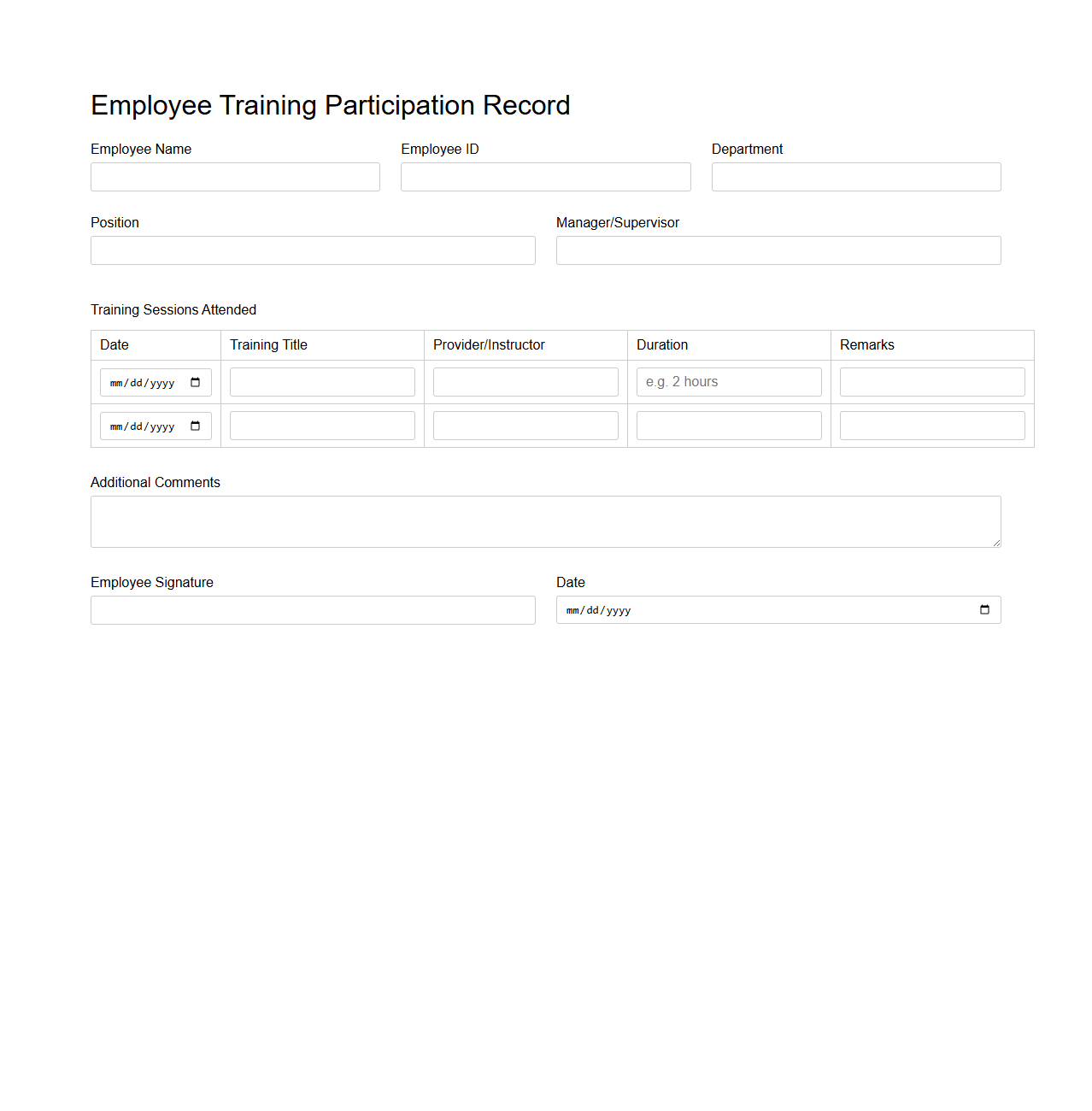 Employee Training Participation Record Sample