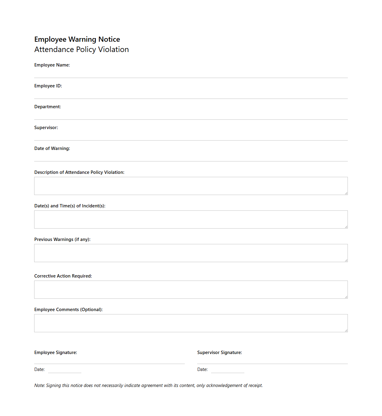 Employee Warning Notice for Attendance Policy Violation