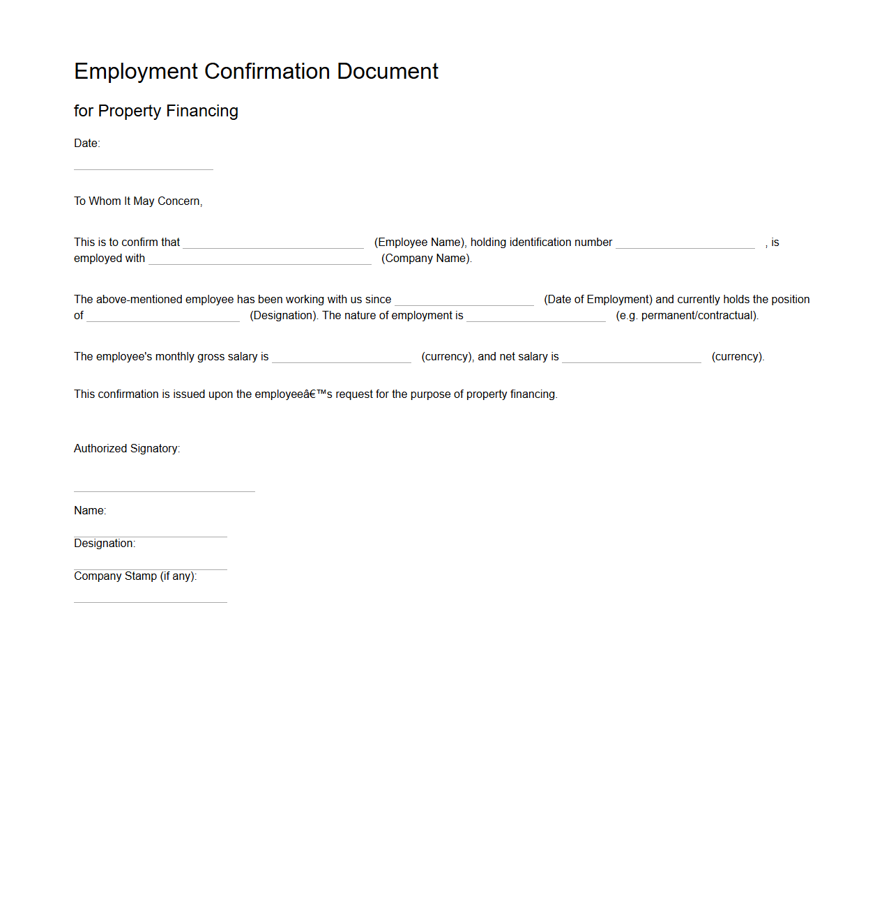 Employment Confirmation Document for Property Financing