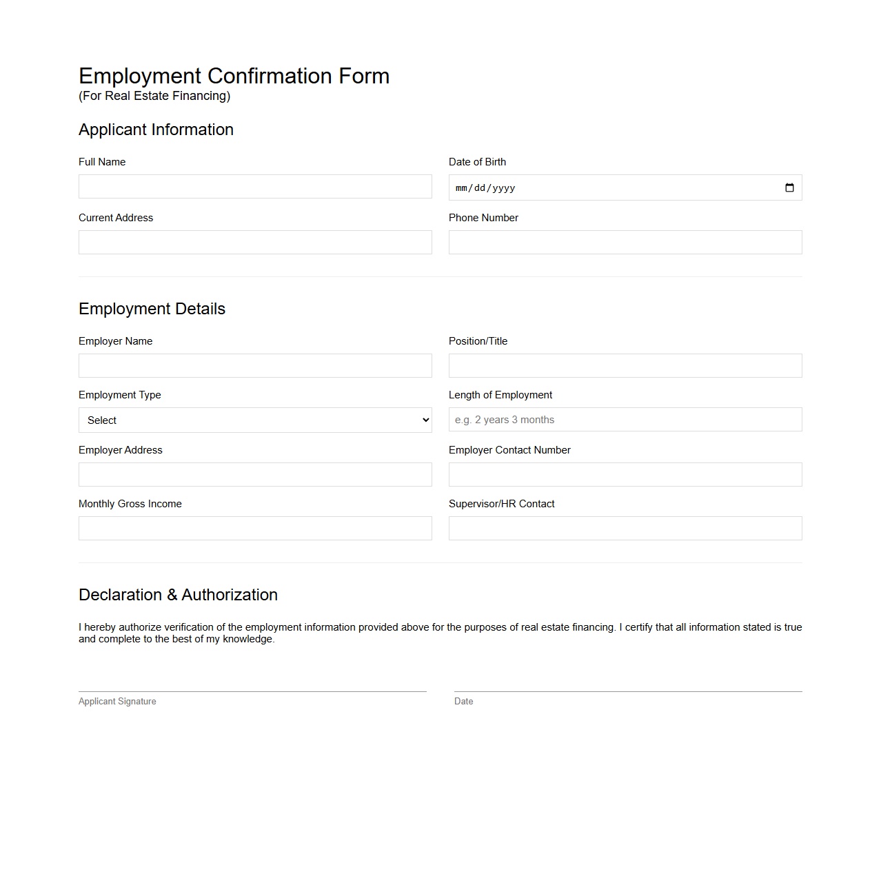 Employment Confirmation Form for Real Estate Financing