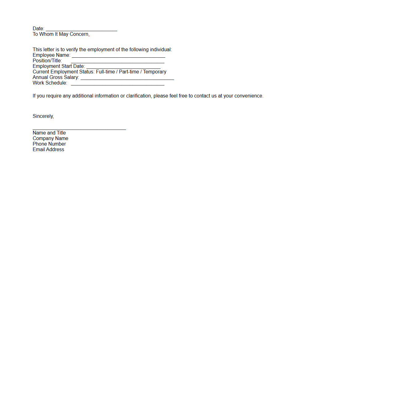 Employment Verification Letter Template for Tenants