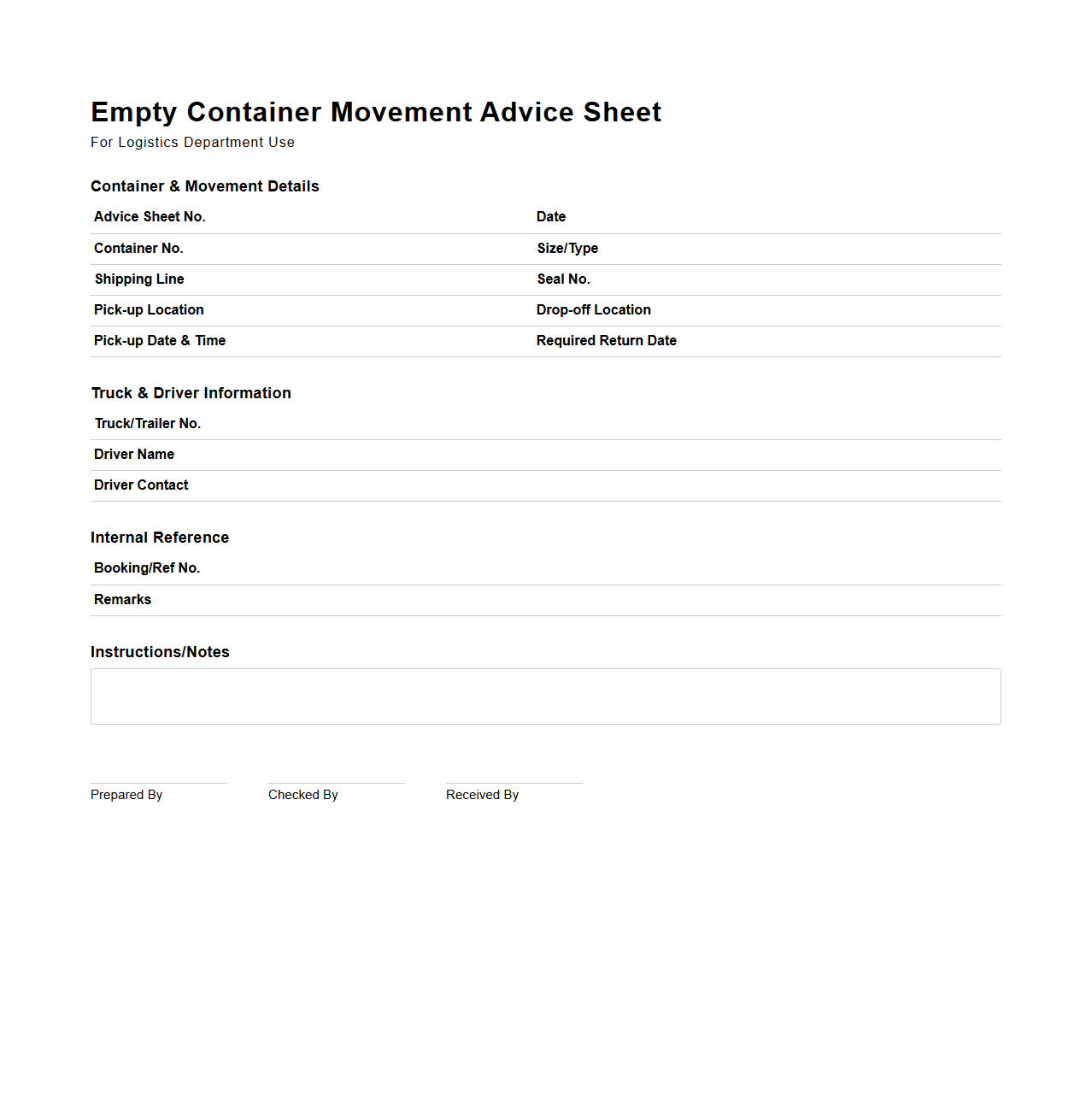 Empty Container Movement Advice Sheet for Logistics