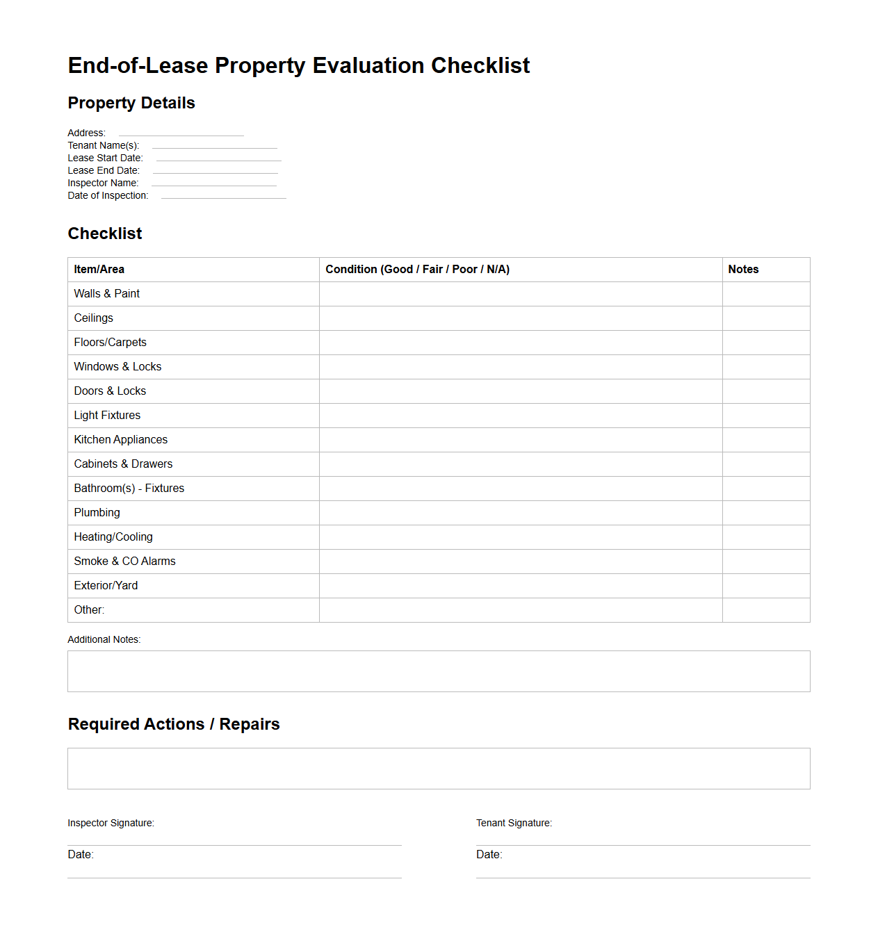 End-of-Lease Property Evaluation Checklist