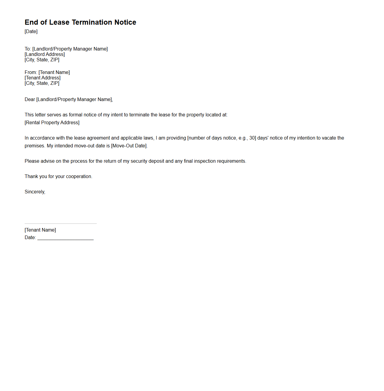 End of Lease Termination Notice Sample